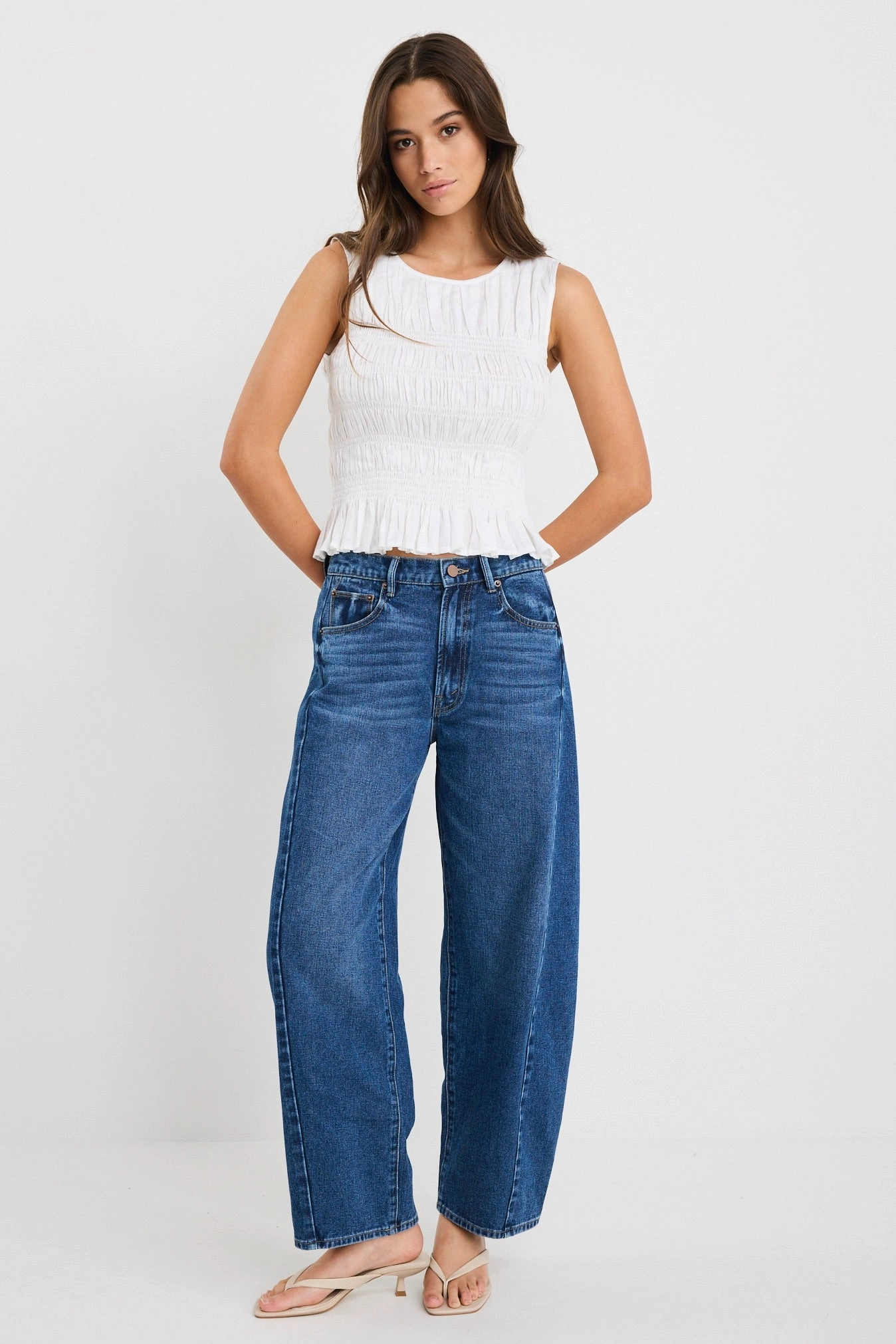 Impulsive Ivory Linen Shirred Sleeveless Top PreShrunkFabric