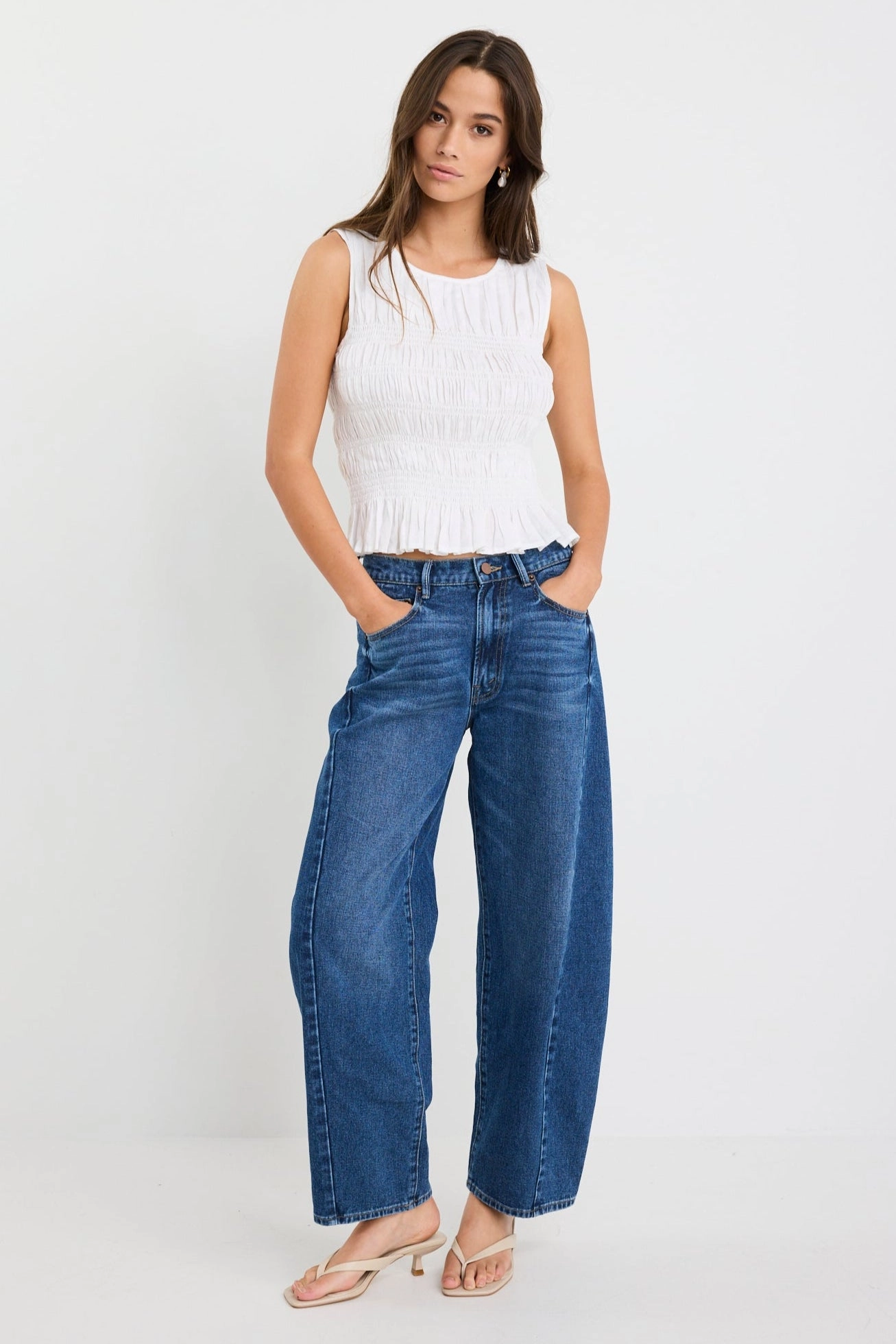 FadeResistant Treatment Impulsive Ivory Linen Shirred Sleeveless Top