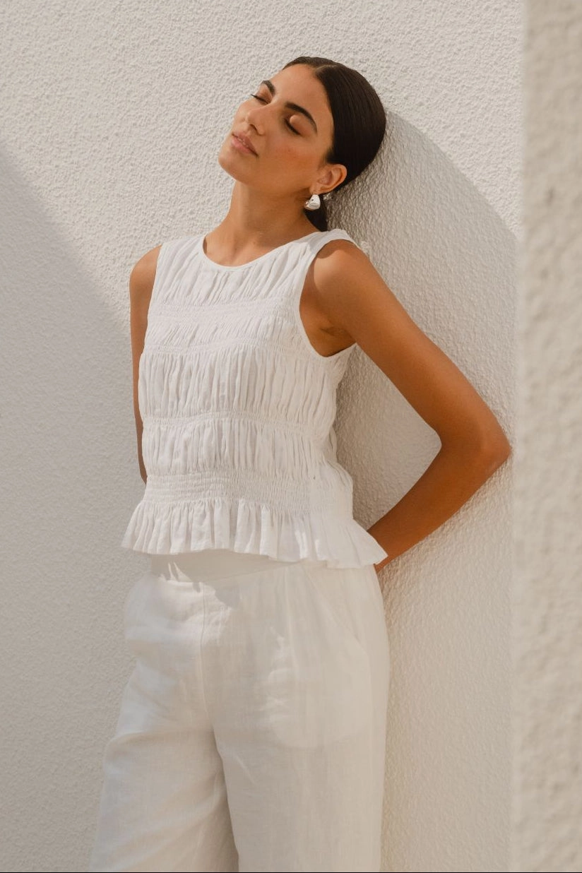 Layered Ventilation Zones Stylish Tank Impulsive Ivory Linen Shirred Sleeveless Top
