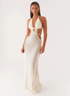In Motion Cut Out Crochet Maxi Dress - White Rural Charm Front-Slit