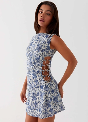 Indigo Bloom Linen Mini Dress - Blue Paisley Soft Curve