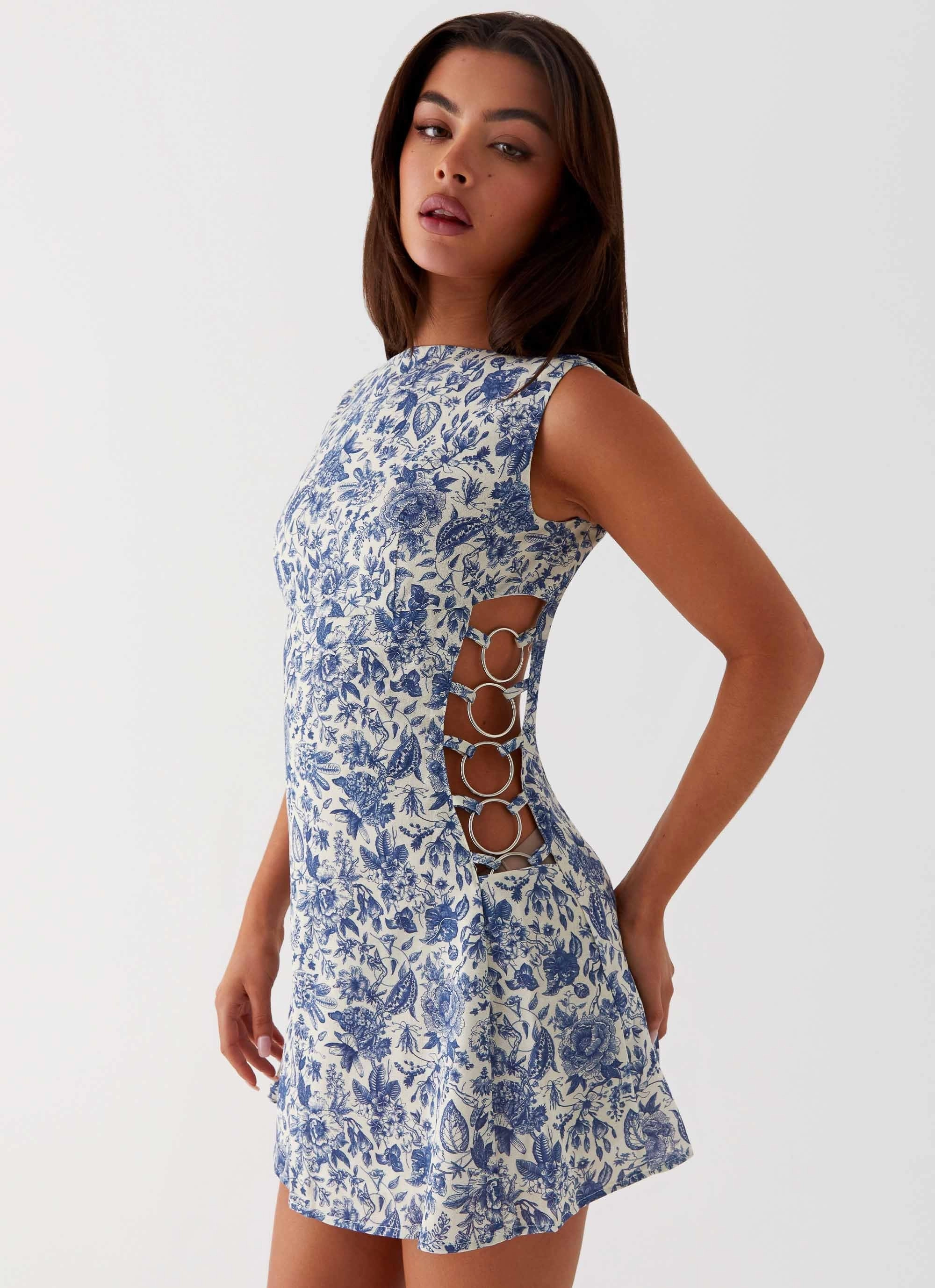 Indigo Bloom Linen Mini Dress - Blue Paisley Soft Curve