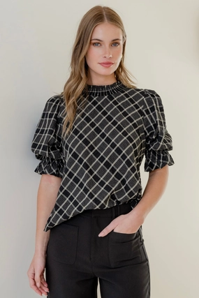 Low Profile Seaming Influential Black Check High Neck SS Top