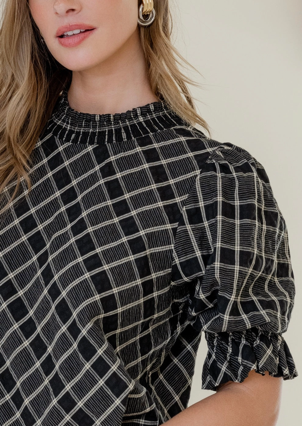 Influential Black Check High Neck SS Top LightweightLayeredFabric Flatlock stitching