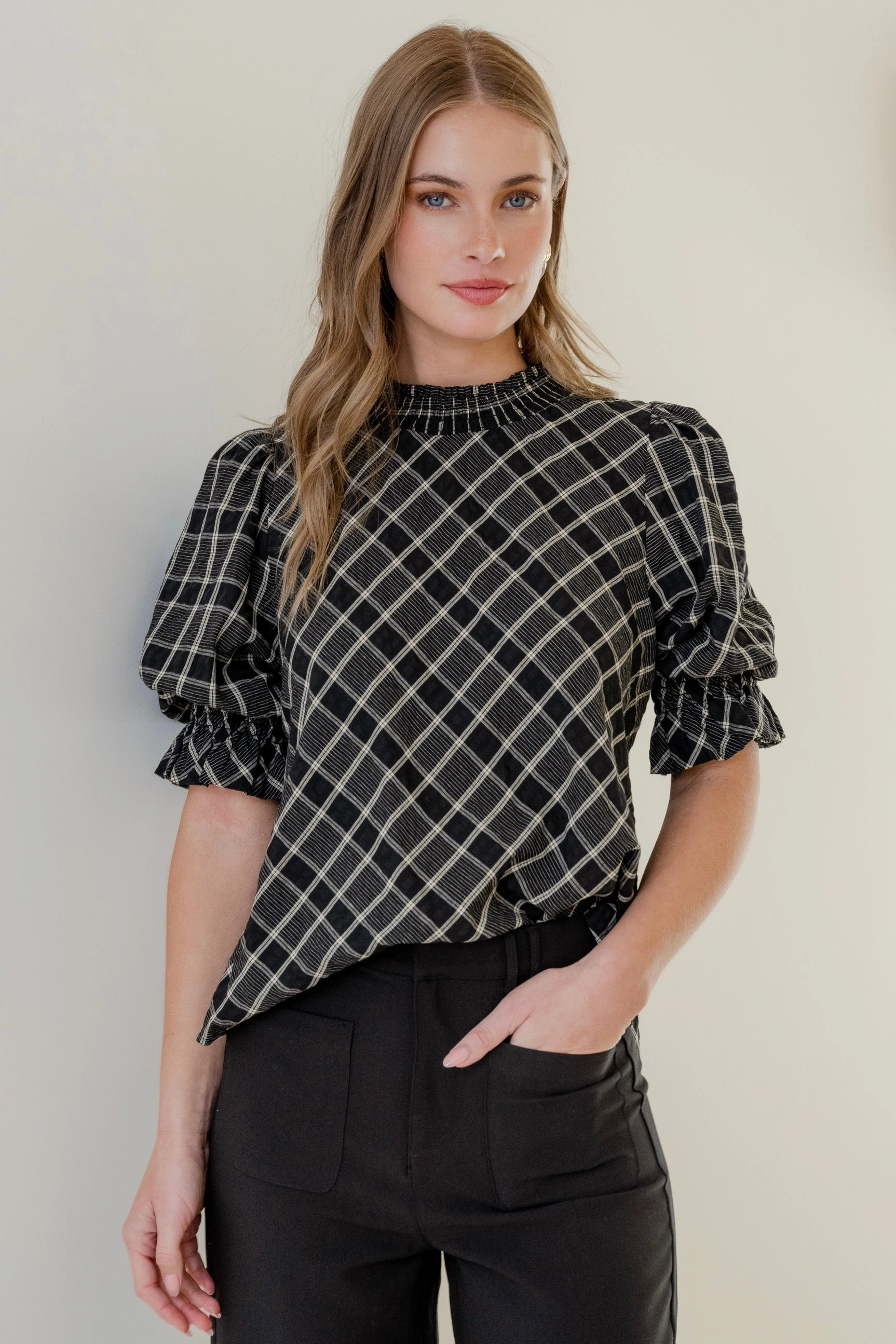 Low Profile Seaming Influential Black Check High Neck SS Top