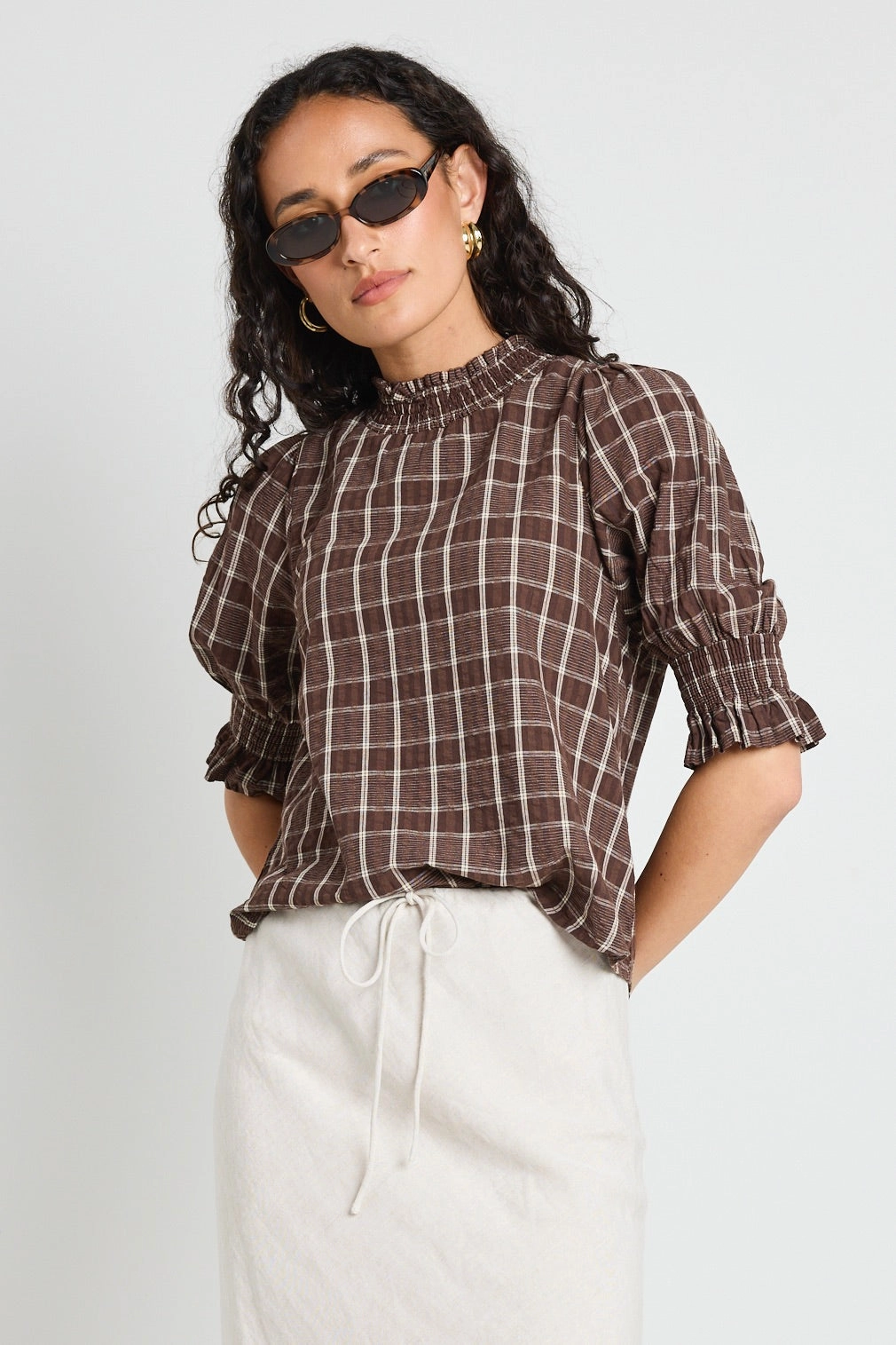 Influential Chocolate Check High Neck SS Top Multi Directional Mobility
