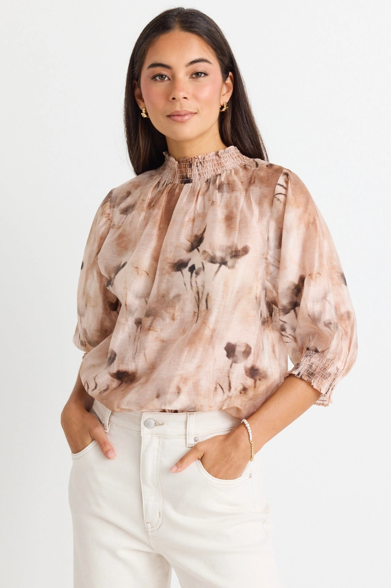 HypoallergenicMaterial Soft Touch Feel Influential Chocolate Faded Floral Shirred Neck SS Top