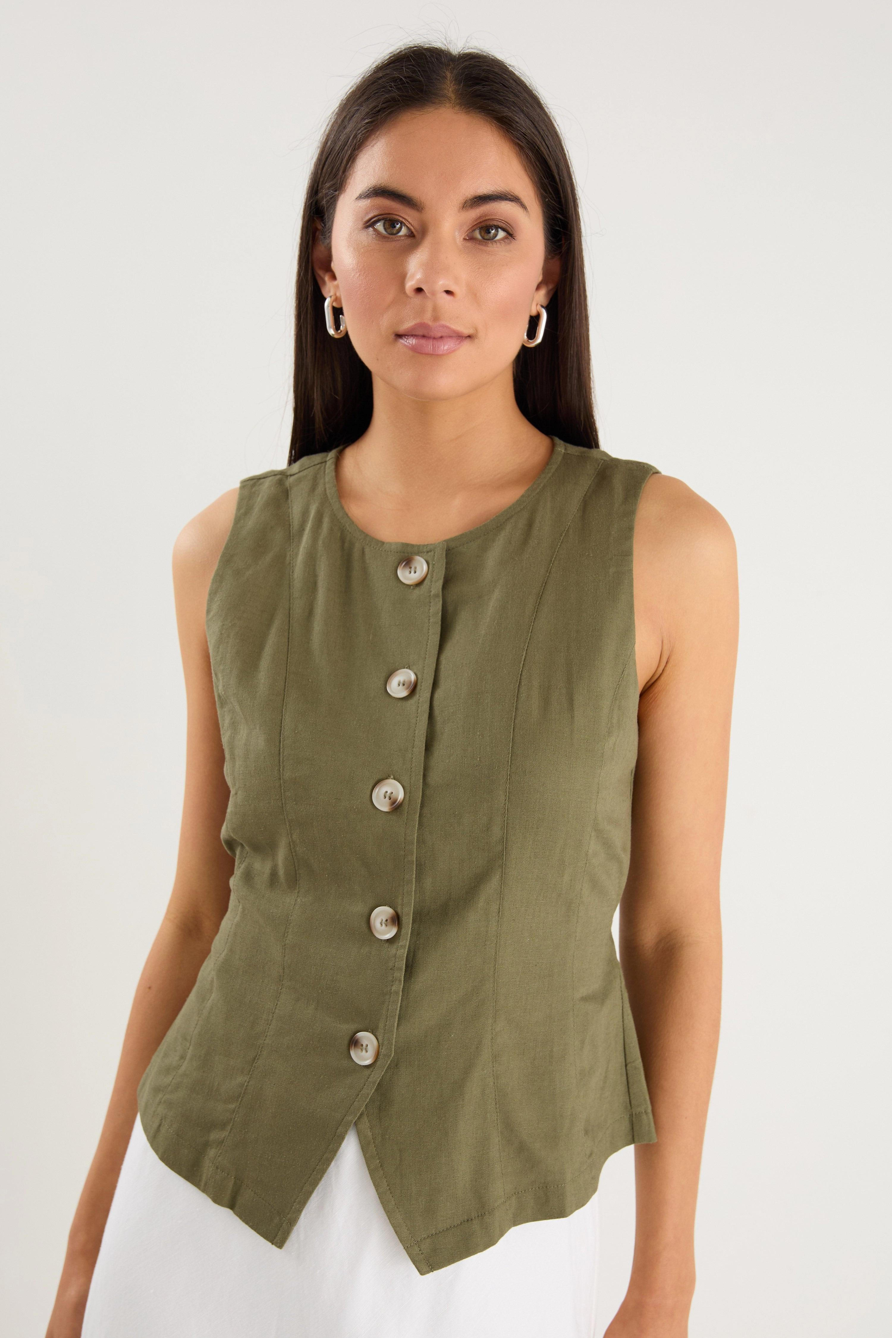 Influx Khaki Linen Blend Fitted Panelled Vest high traffic areas propaganda