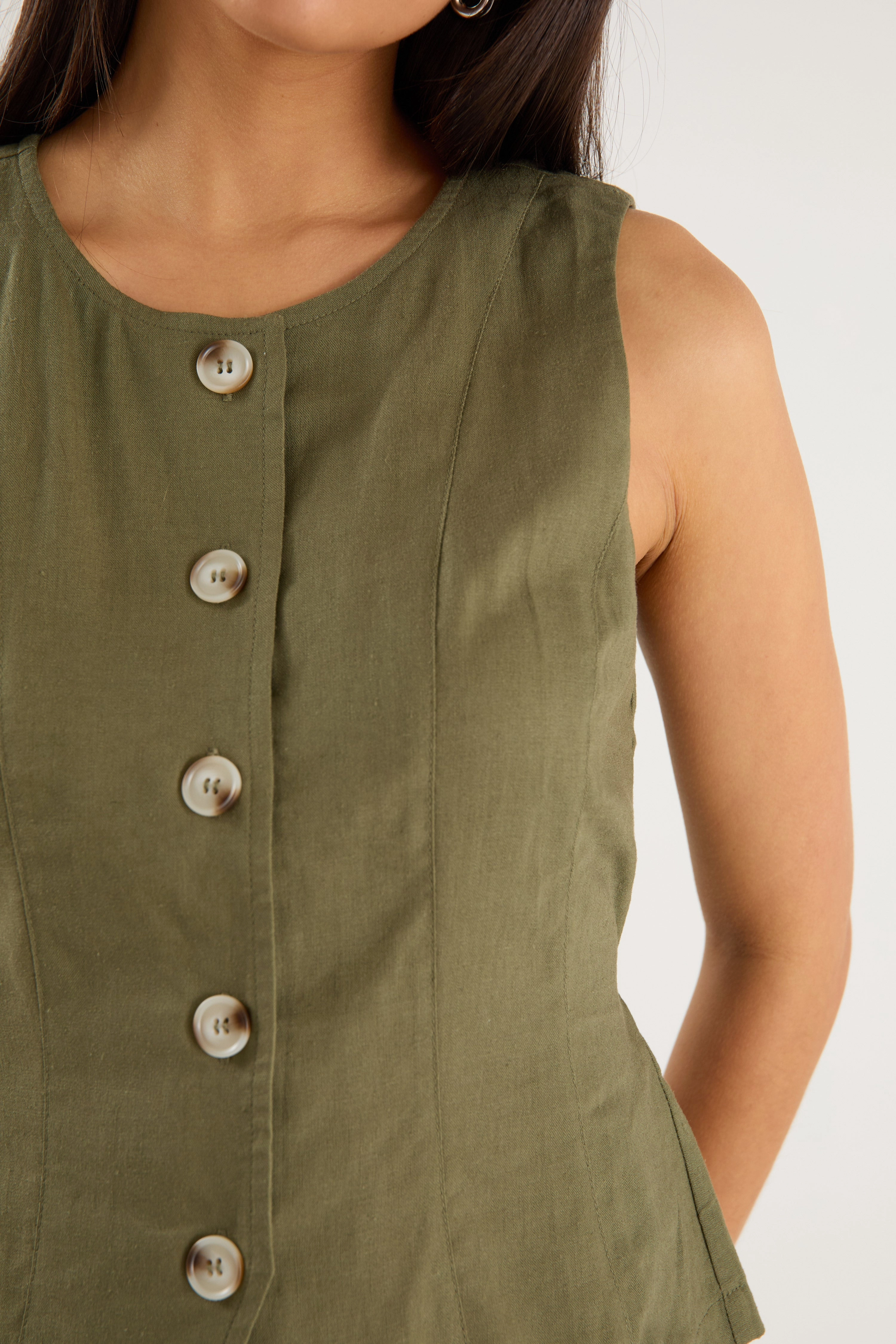 Easy Care Wash Fabric Influx Khaki Linen Blend Fitted Panelled Vest