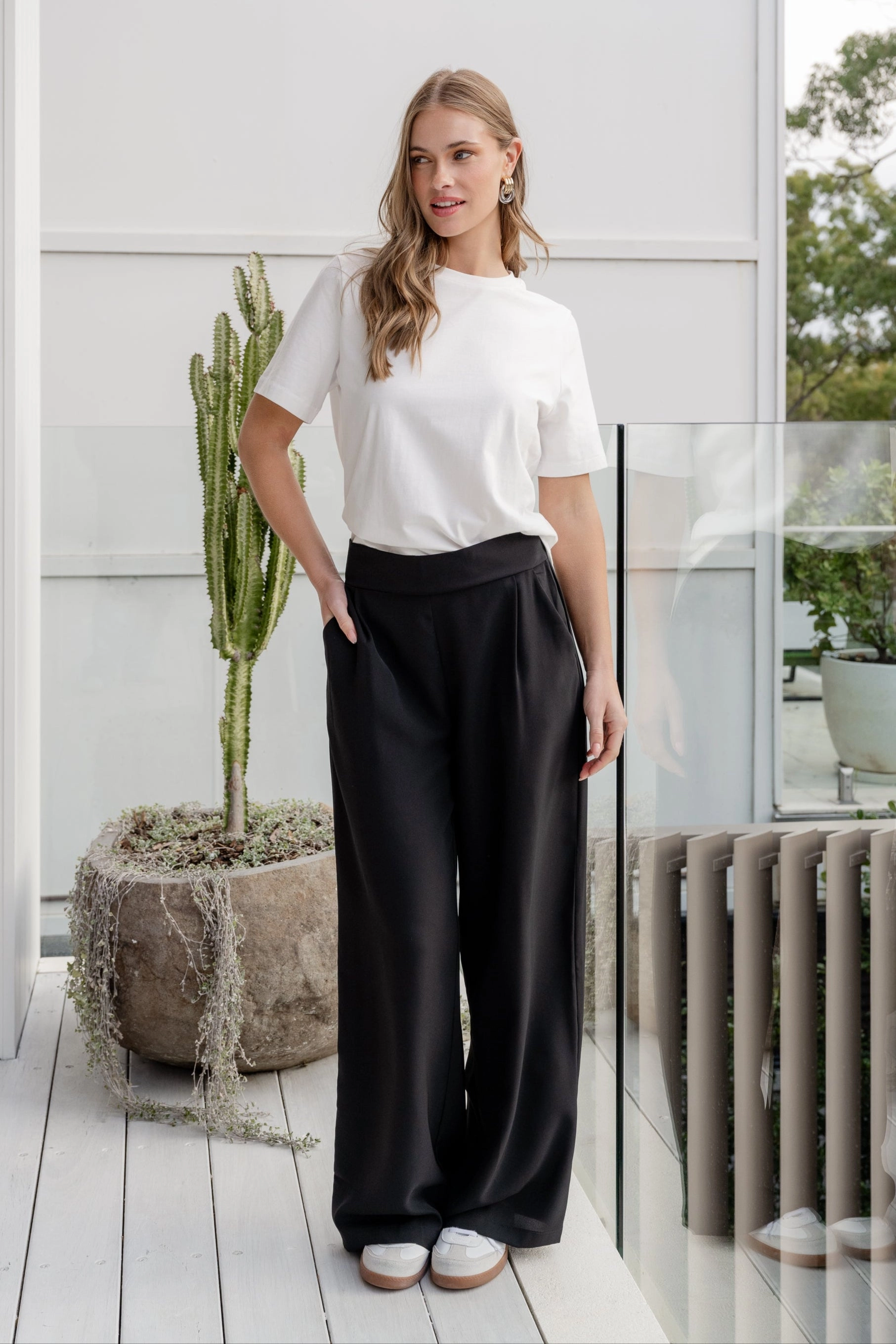 Instinctive Black Recycled Stretch Back Wide Leg Pant Flattering Style Tear Resistant