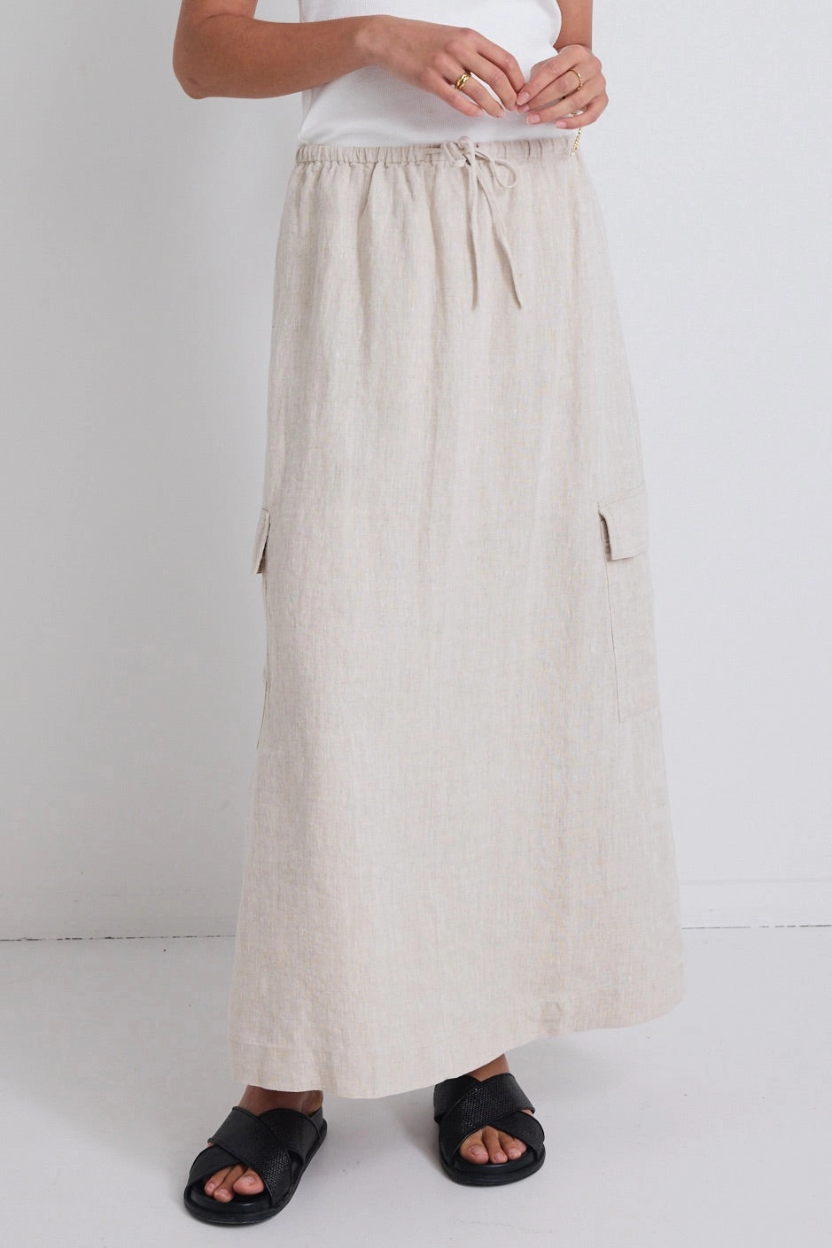 Contrast Stitching Anti Static Lining Invincible Natural Linen Elastic Waist Pocket Maxi Skirt