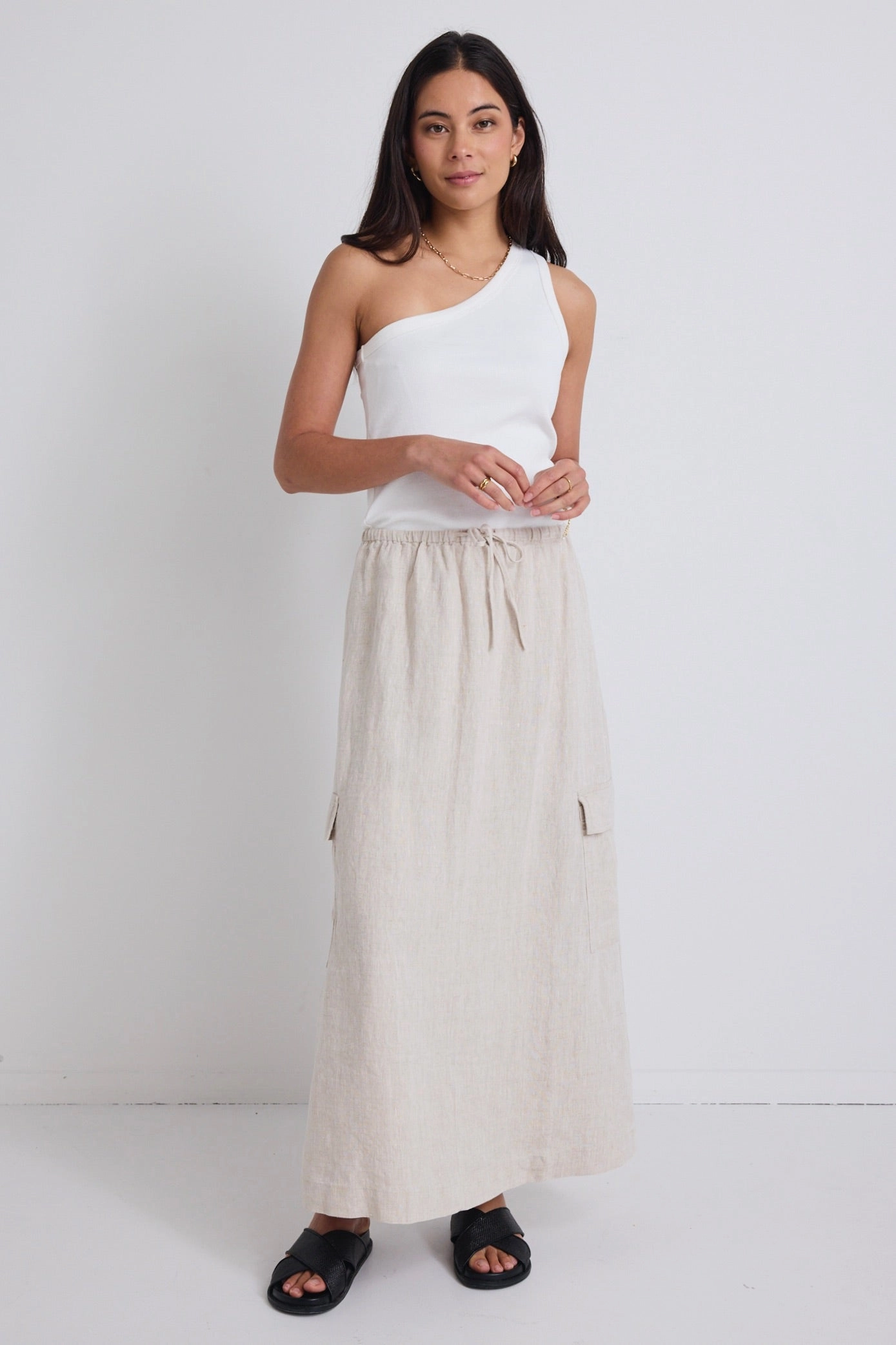 Easy Outfit Elegant Flow Invincible Natural Linen Elastic Waist Pocket Maxi Skirt