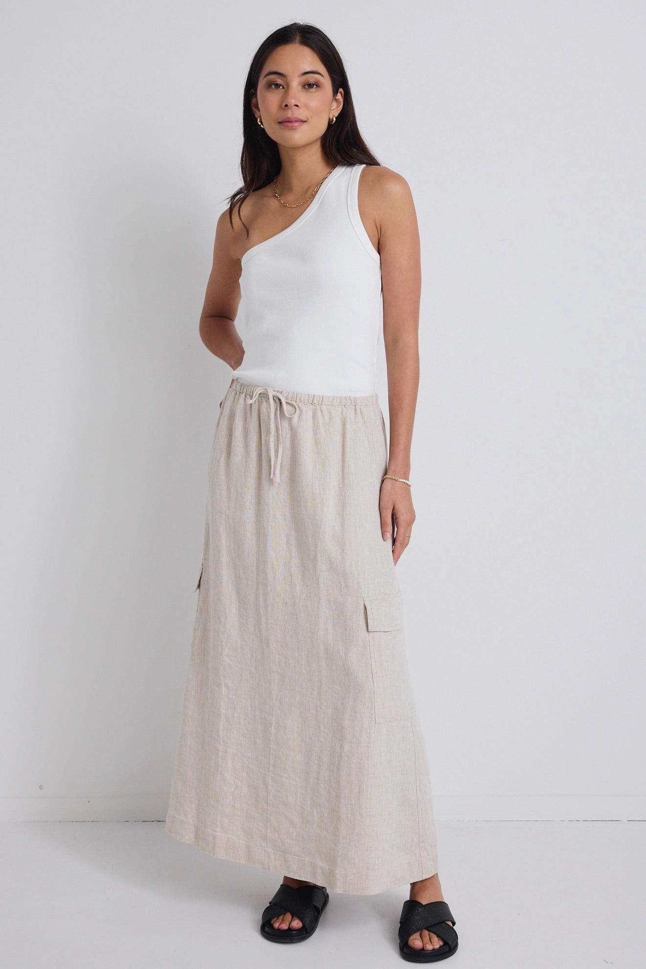 Invincible Natural Linen Elastic Waist Pocket Maxi Skirt Clean Mood Minimalist Trim