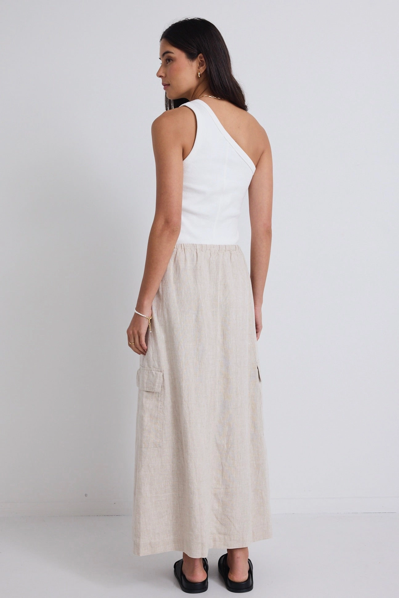 Comfort Mood Eco Friendly Dye Invincible Natural Linen Elastic Waist Pocket Maxi Skirt