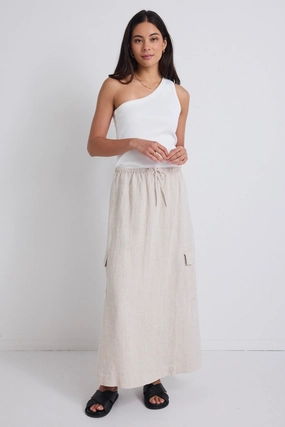 Easy Outfit Elegant Flow Invincible Natural Linen Elastic Waist Pocket Maxi Skirt