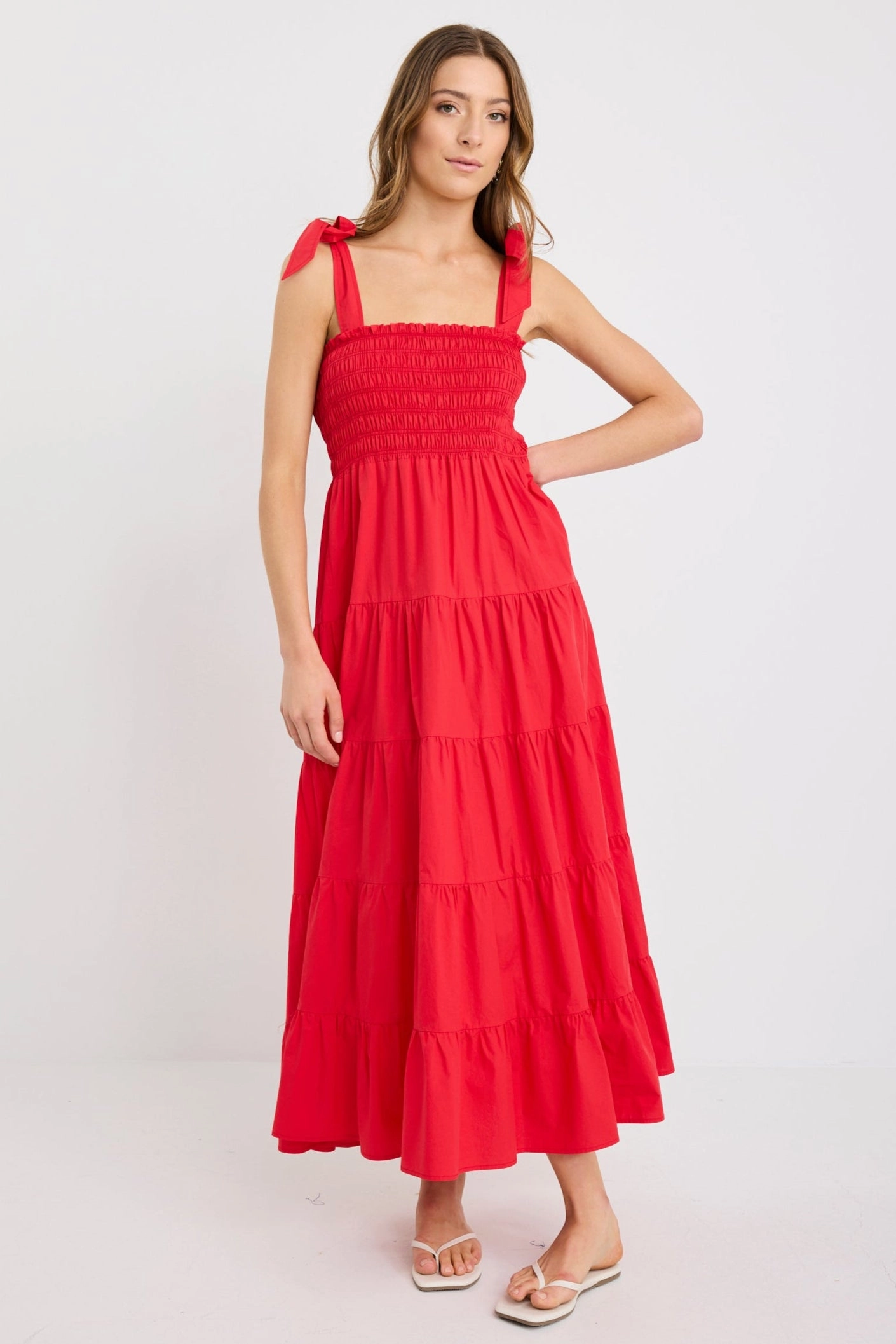 Isabella Cherry Red Cotton Poplin Strappy Tiered Maxi Dress Fine Texture Casual and Stylish