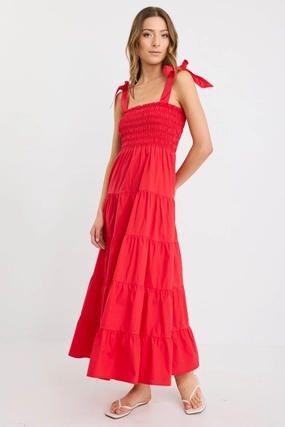Isabella Cherry Red Cotton Poplin Strappy Tiered Maxi Dress Breezy Fit