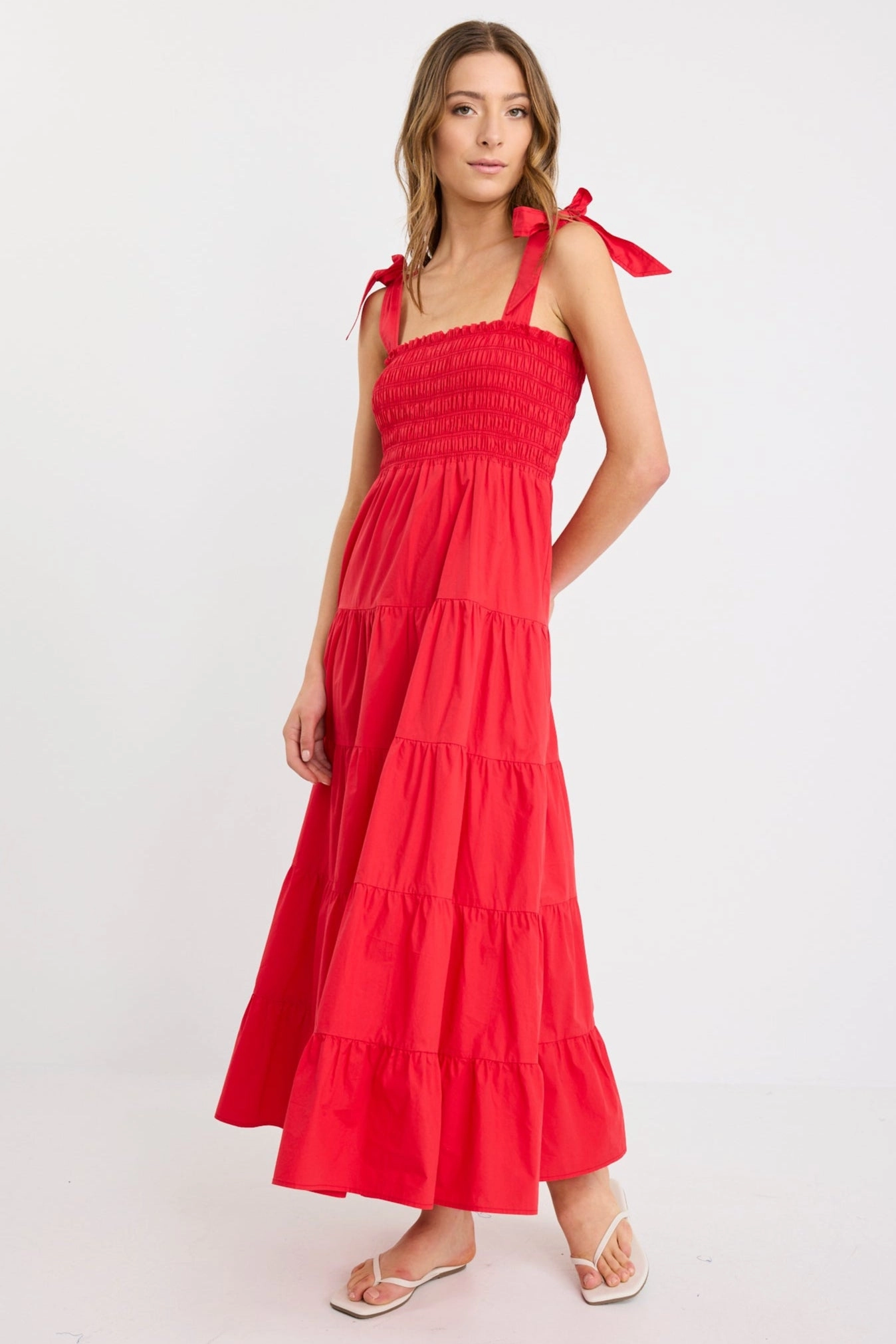 Isabella Cherry Red Cotton Poplin Strappy Tiered Maxi Dress Breezy Fit