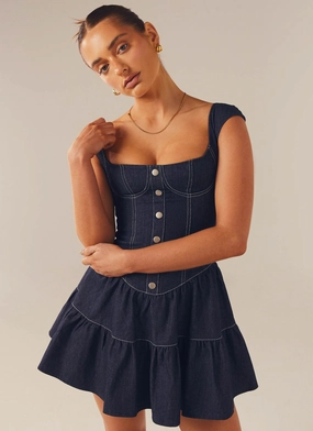 Isabella Denim Bustier Dress - Indigo High-Neck
