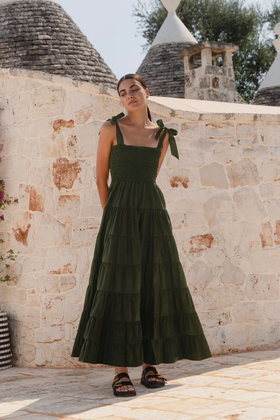 Mood Look Isabella Khaki Cotton Poplin Strappy Tiered Maxi Dress