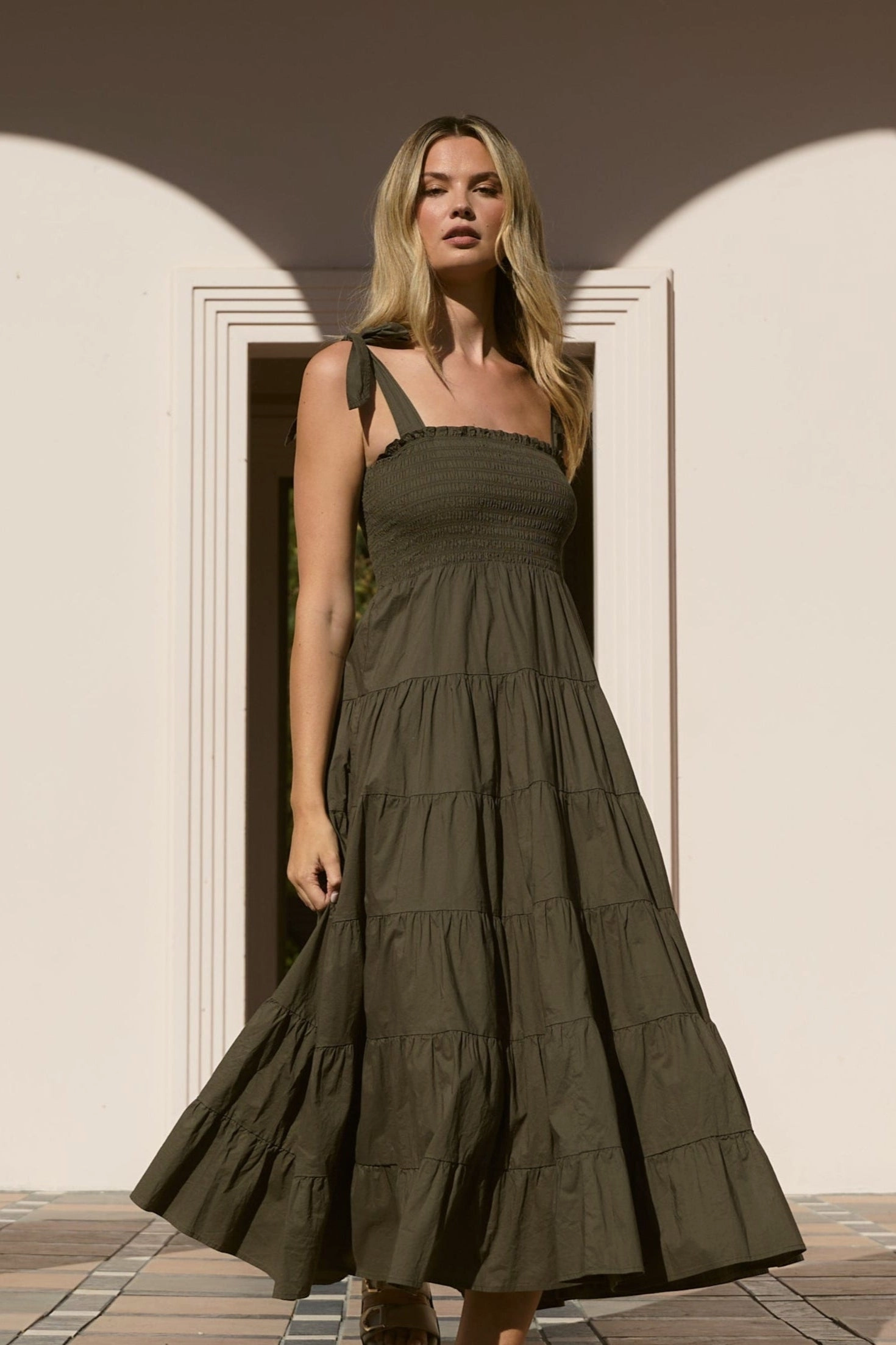 Trend Texture Isabella Khaki Cotton Poplin Strappy Tiered Maxi Dress
