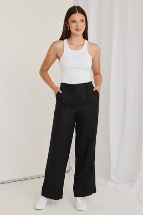 Casual Wear Comfort Design Island Black Linen Pleat Front Wide Leg Pant