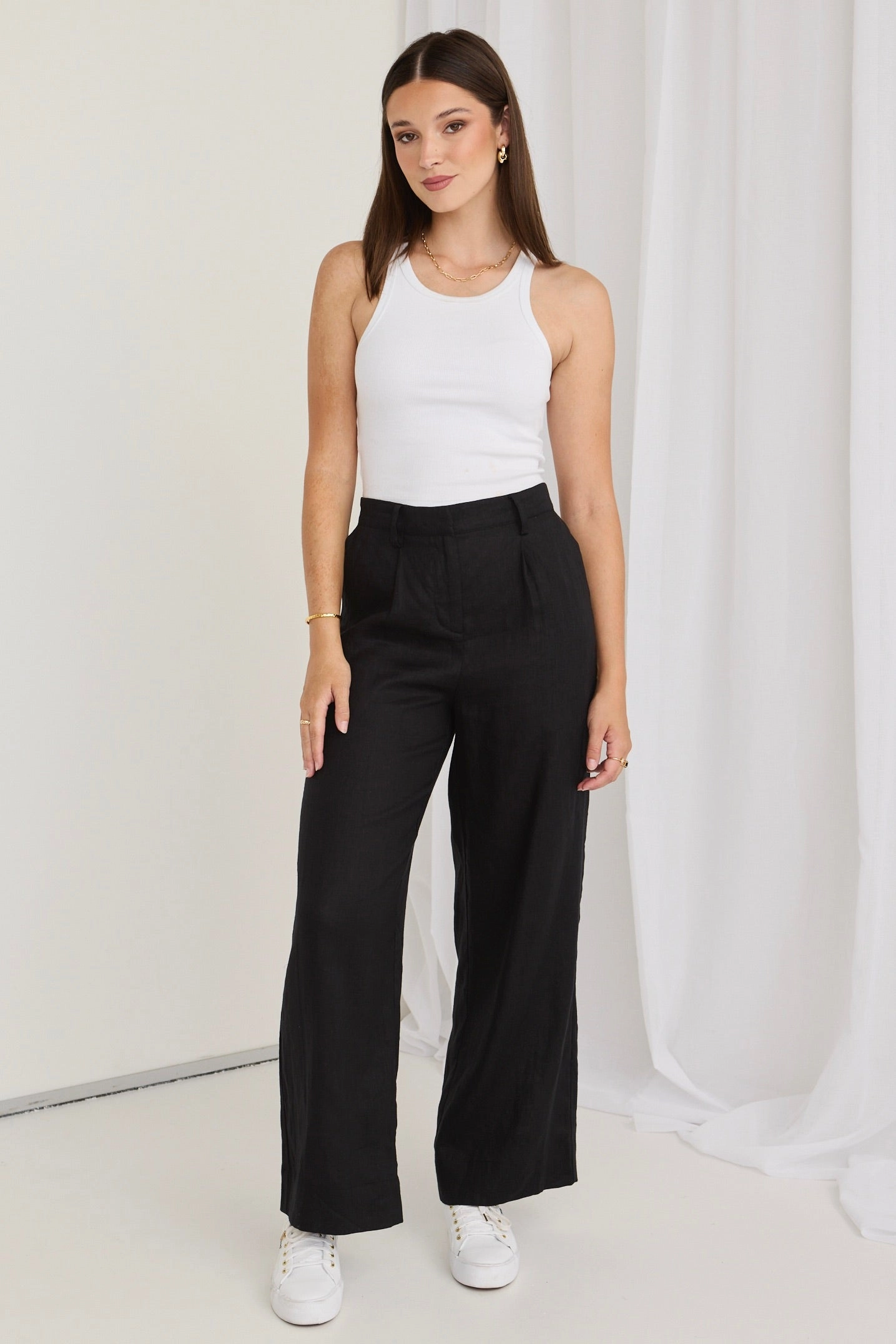 RipstopFabric Universal Fit System Island Black Linen Pleat Front Wide Leg Pant