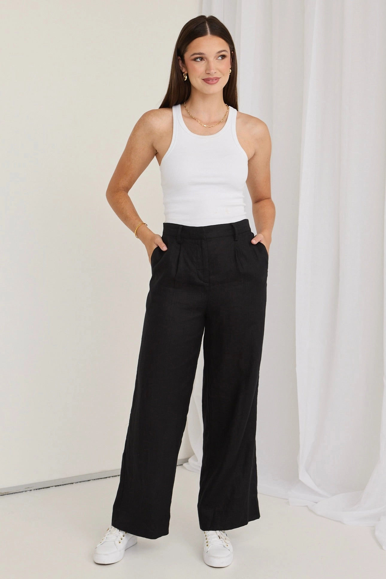 Casual Wear Comfort Design Island Black Linen Pleat Front Wide Leg Pant