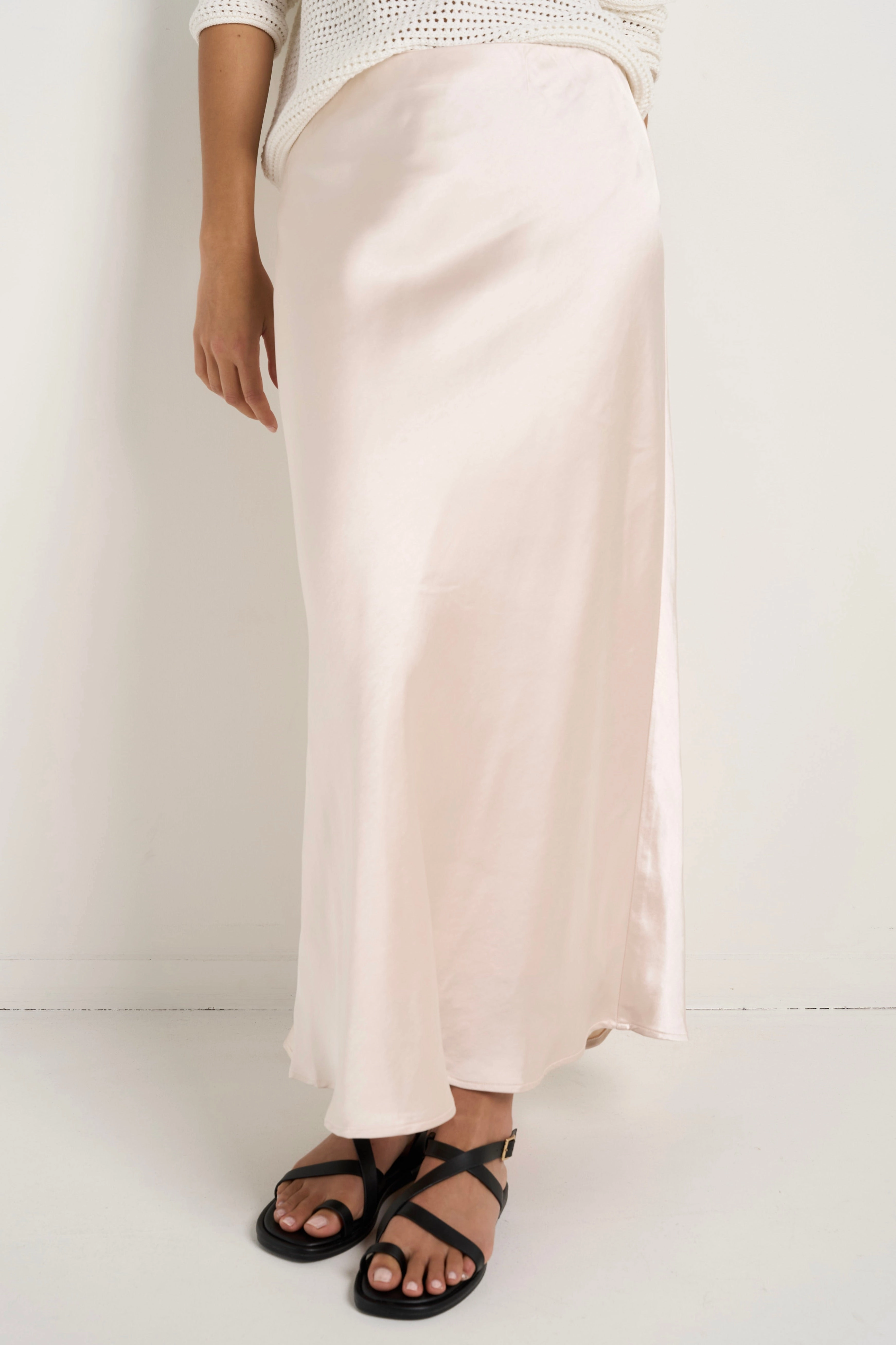Ivy Champagne Satin Bias Midi Skirt Everyday Vibe