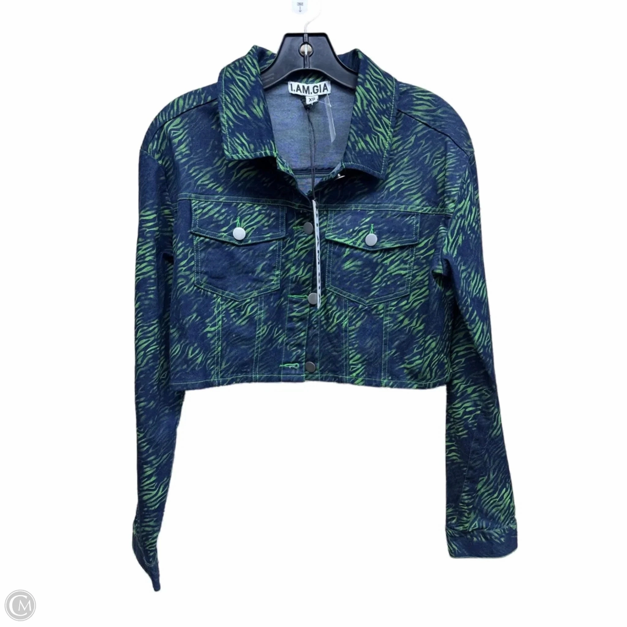 Jacket Denim By Clothes Mentor In Blue & Green, Size: Xs Glove Friendly Cuff Design