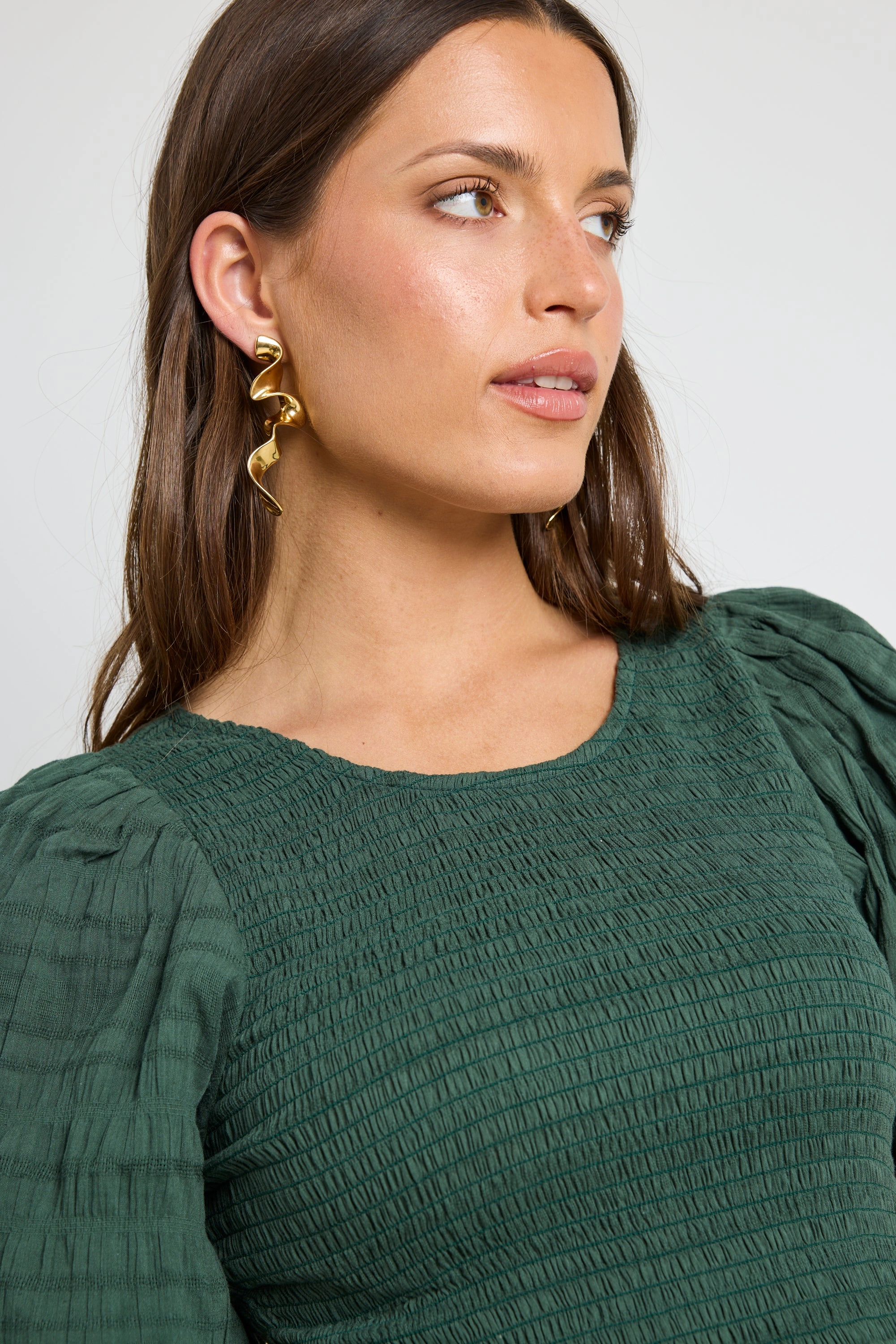 Jade Forest Shirred Cotton Puff Short Sleeve Ruched Maxi Dress Easy Flow