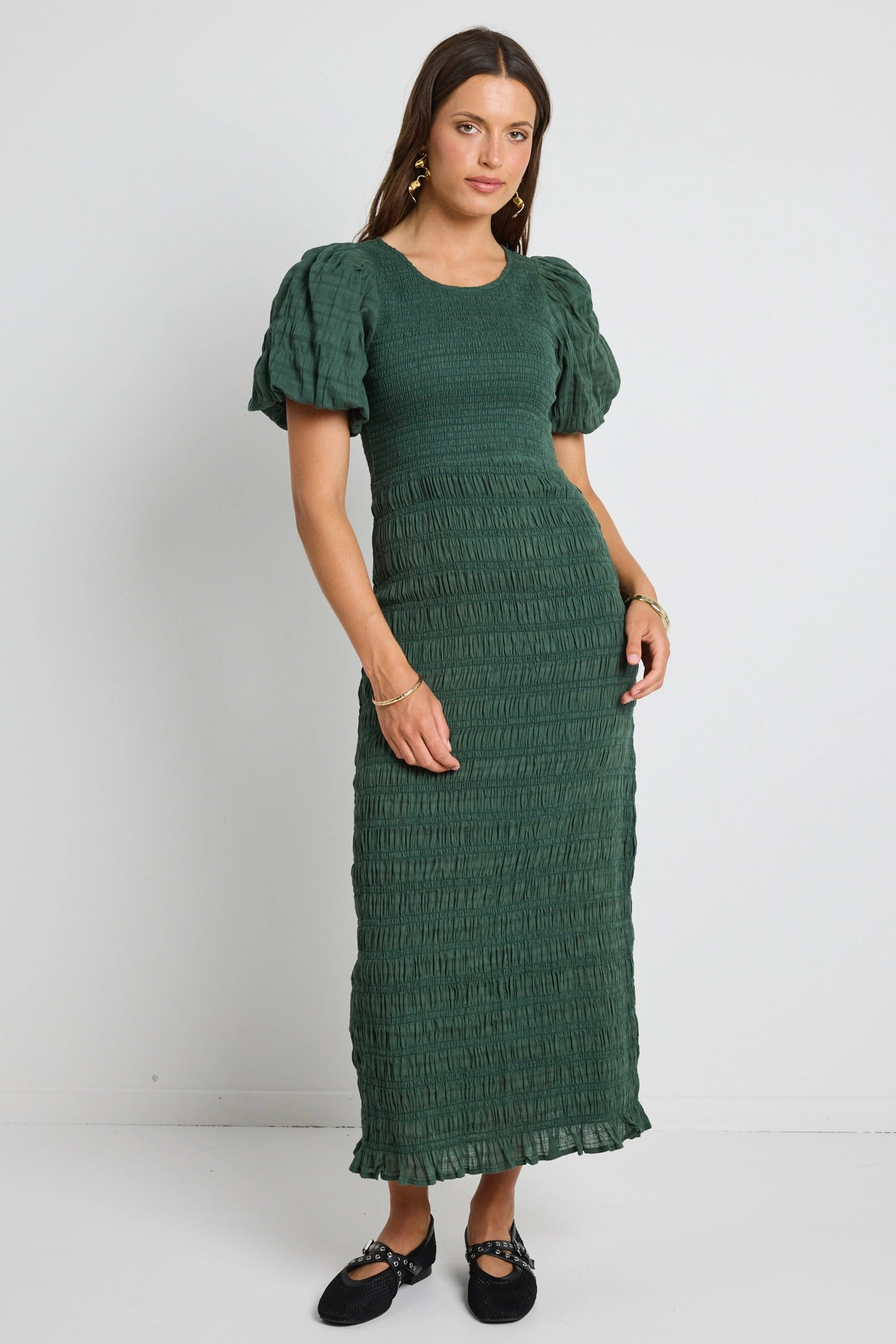 Jade Forest Shirred Cotton Puff Short Sleeve Ruched Maxi Dress Tailored Wear