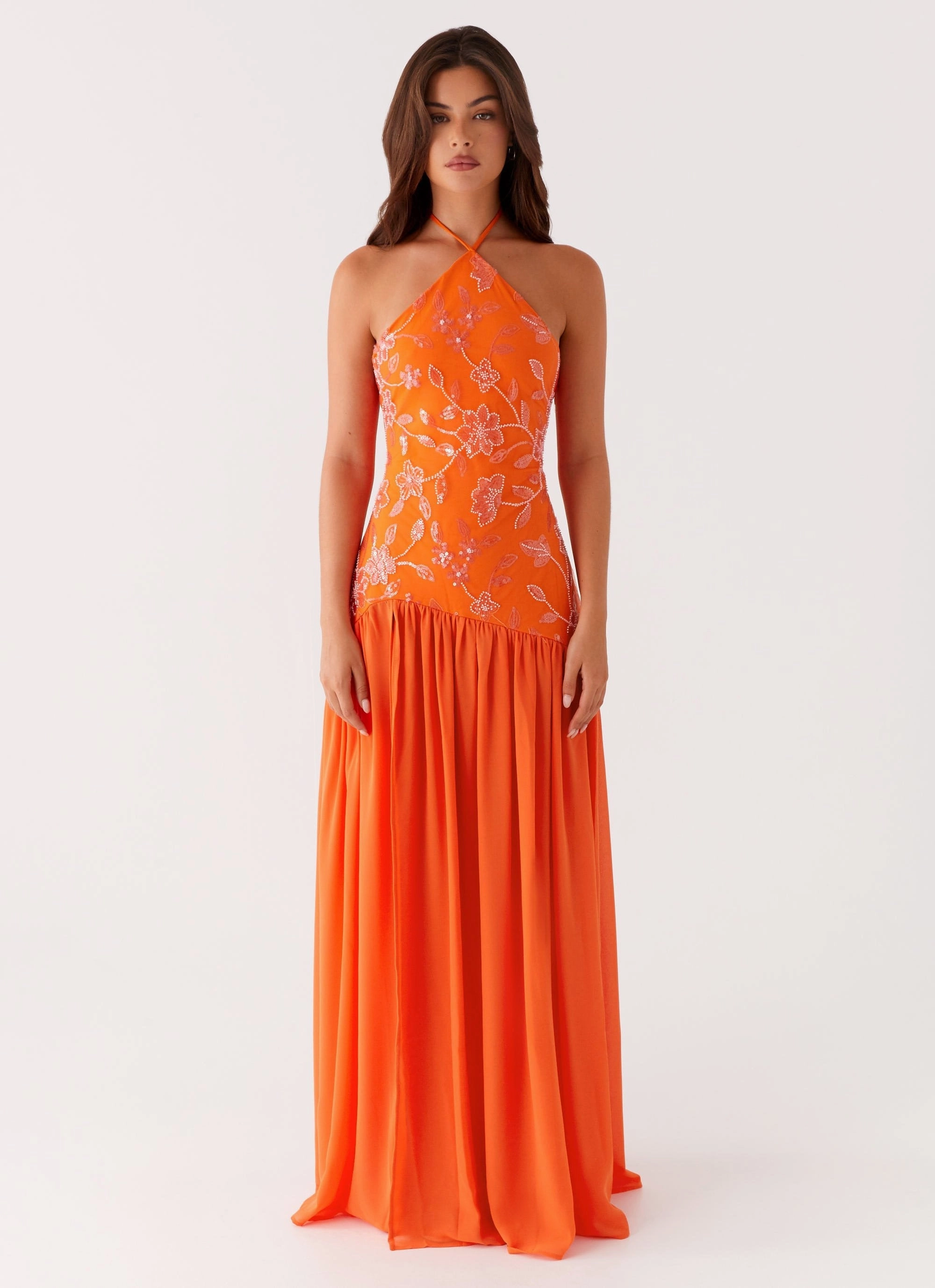 Janelle Beaded Maxi Dress - Orange Halter-Neck