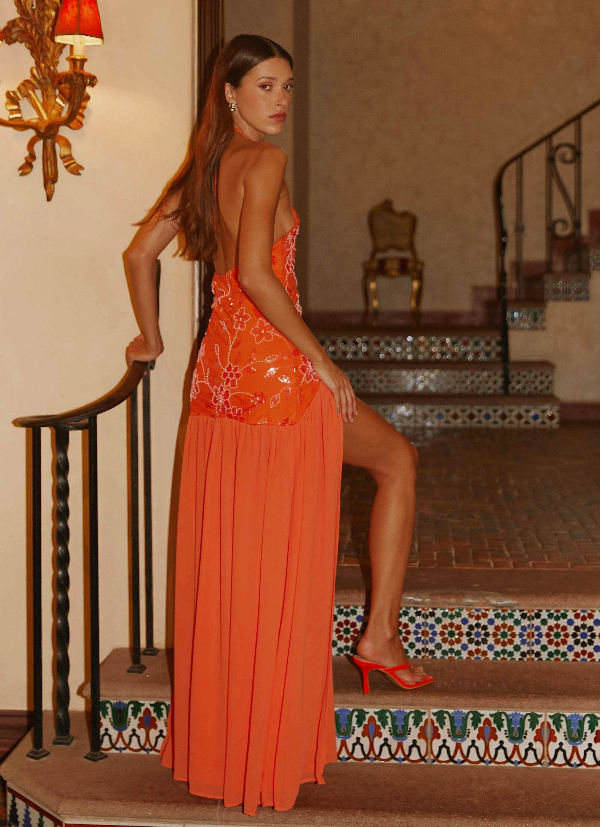 Elegant Flow Janelle Beaded Maxi Dress - Orange