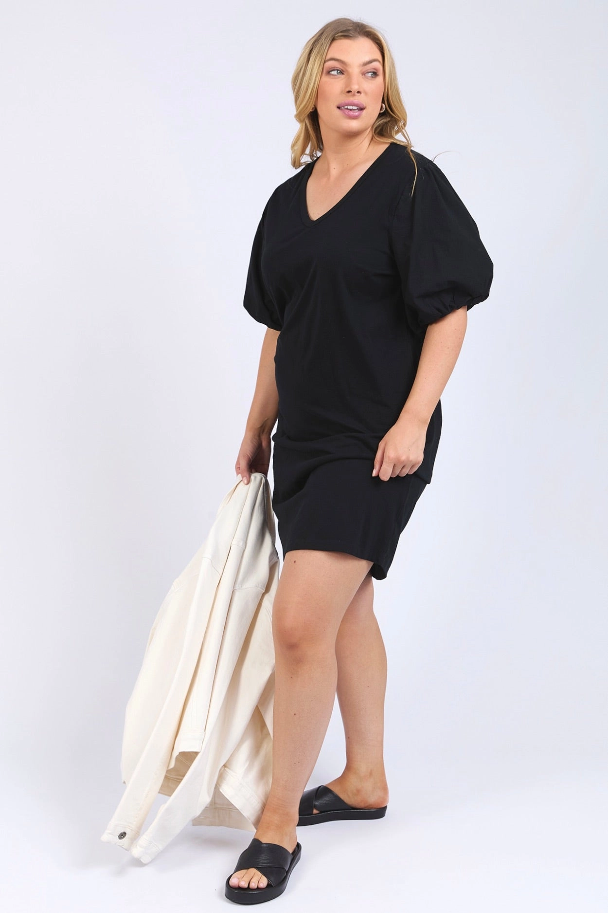 Joy Black Poplin Puff Sleeve Midi Dress Subtle Motion
