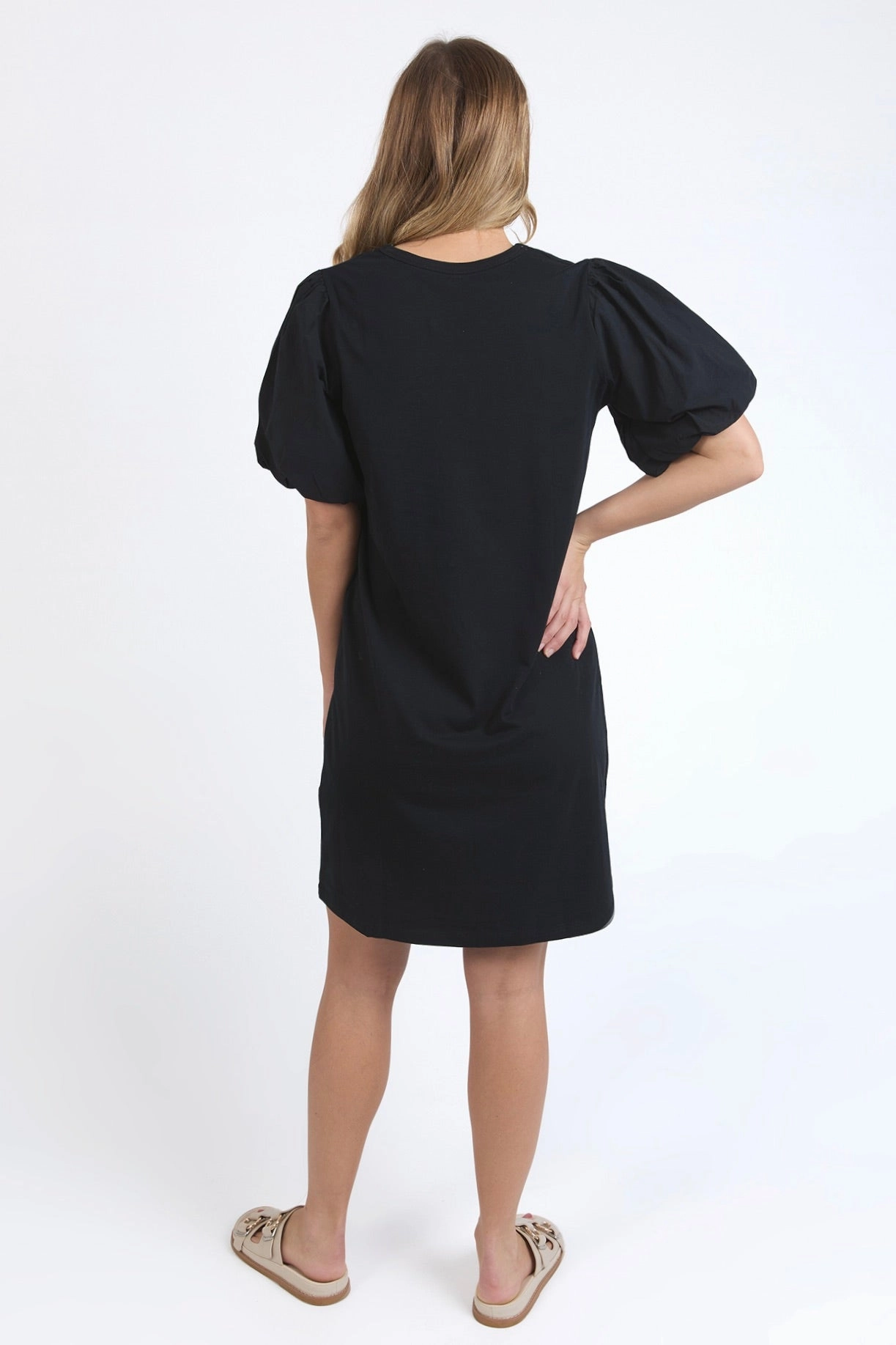 Sleek Silhouette Classic Layers Joy Black Poplin Puff Sleeve Midi Dress