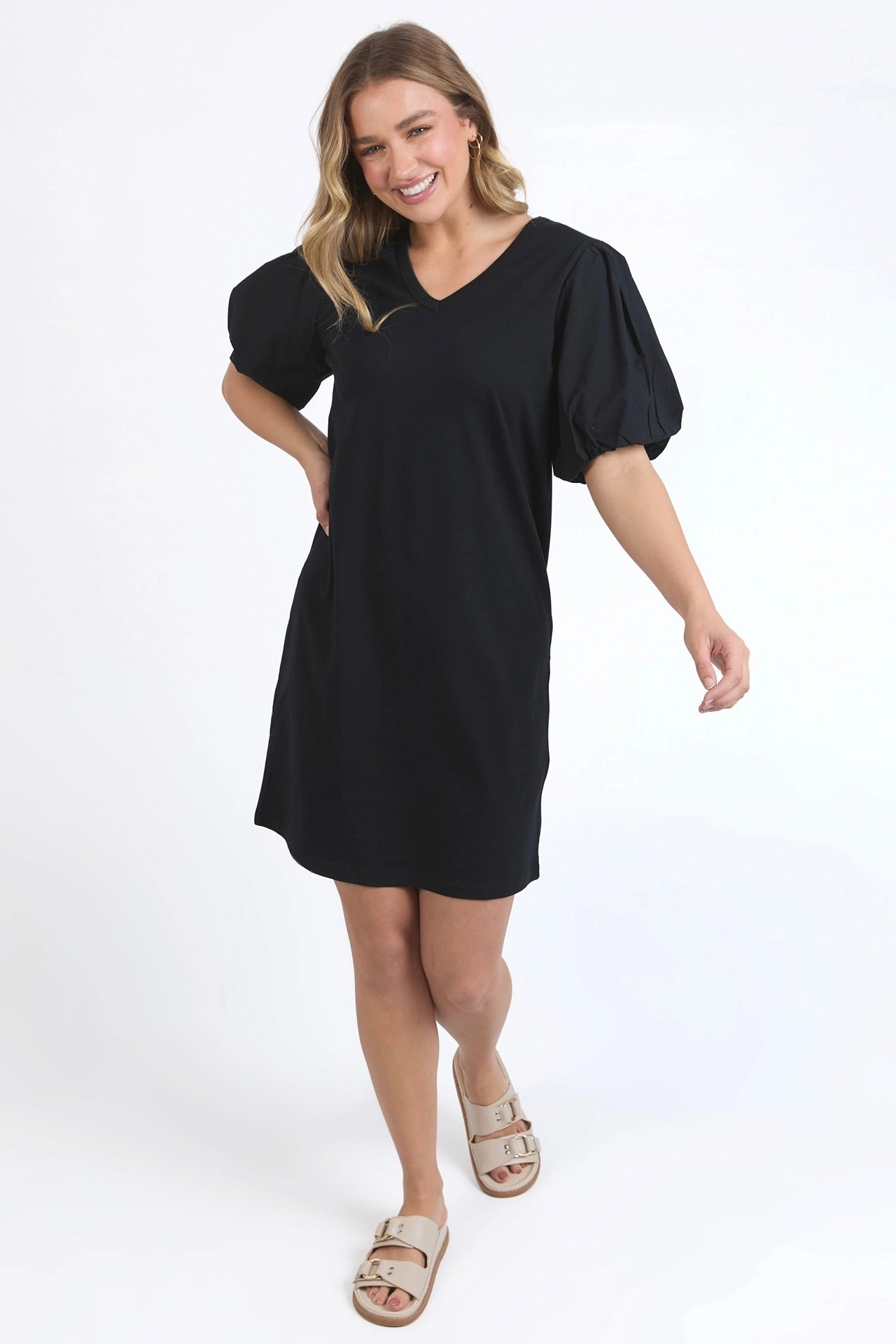Flutter-Sleeve Joy Black Poplin Puff Sleeve Midi Dress