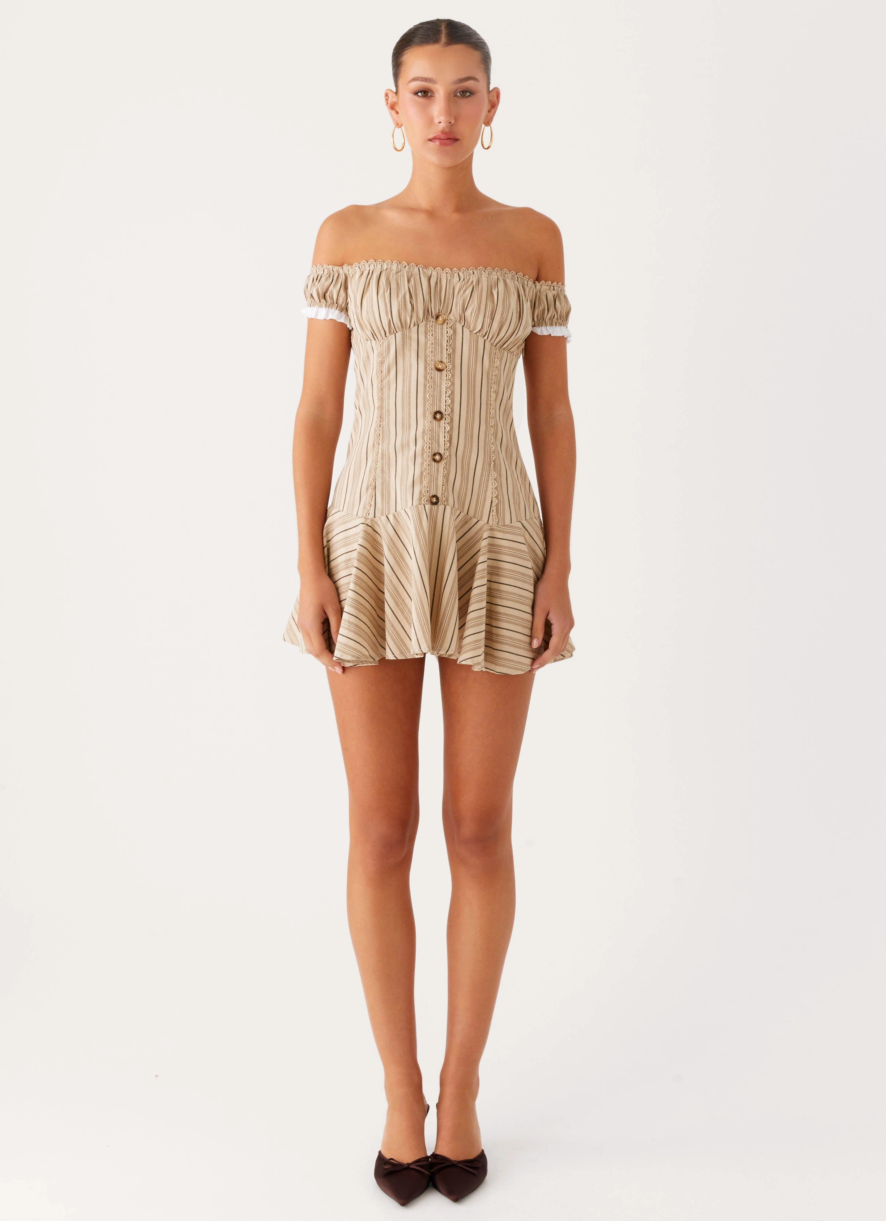 Jumana Off Shoulder Mini Dress - Off White Stripe Oversized-Fit