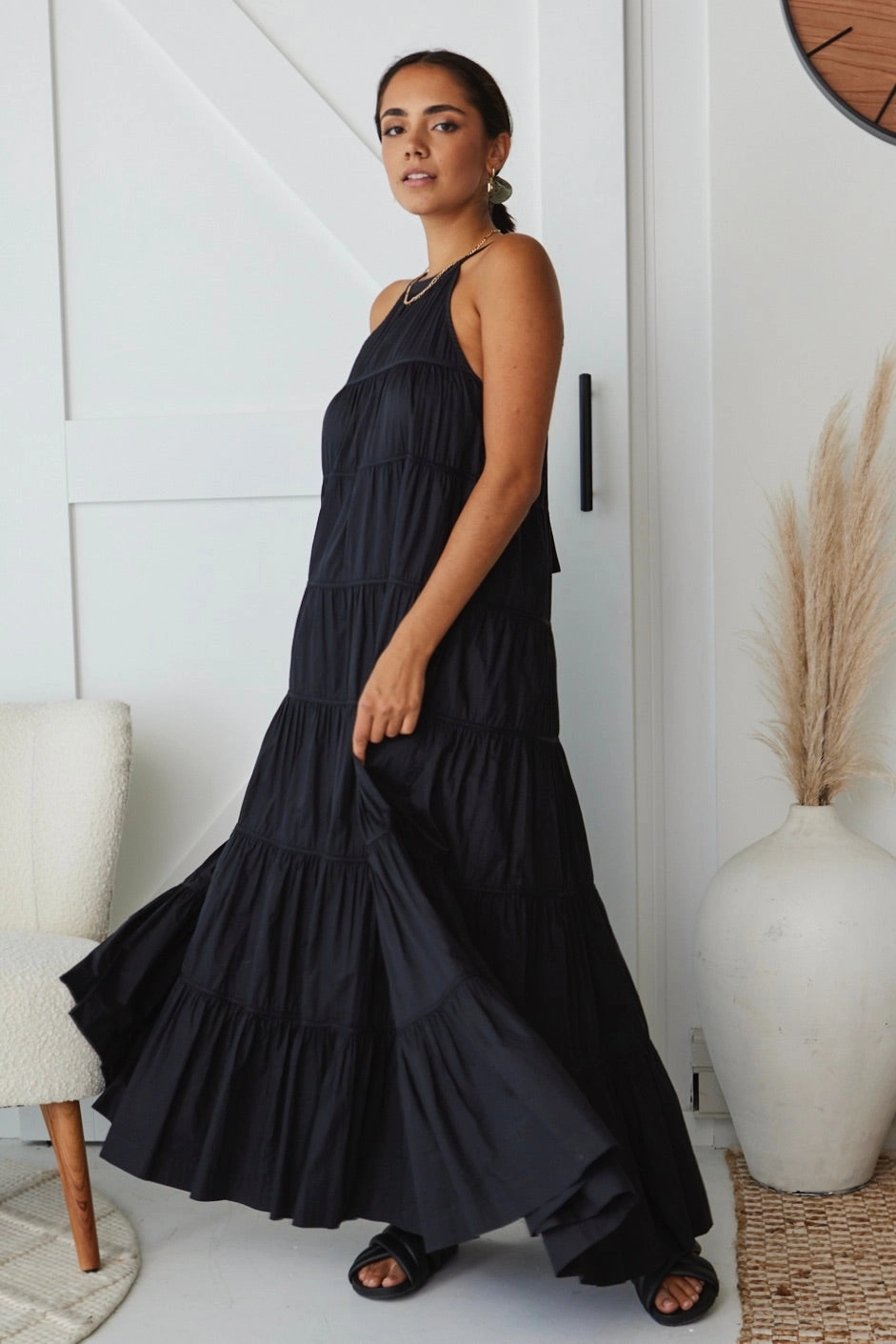 Kaye Black Cotton Sleeveless High Neck Tiered Maxi Dress Minimal Mood