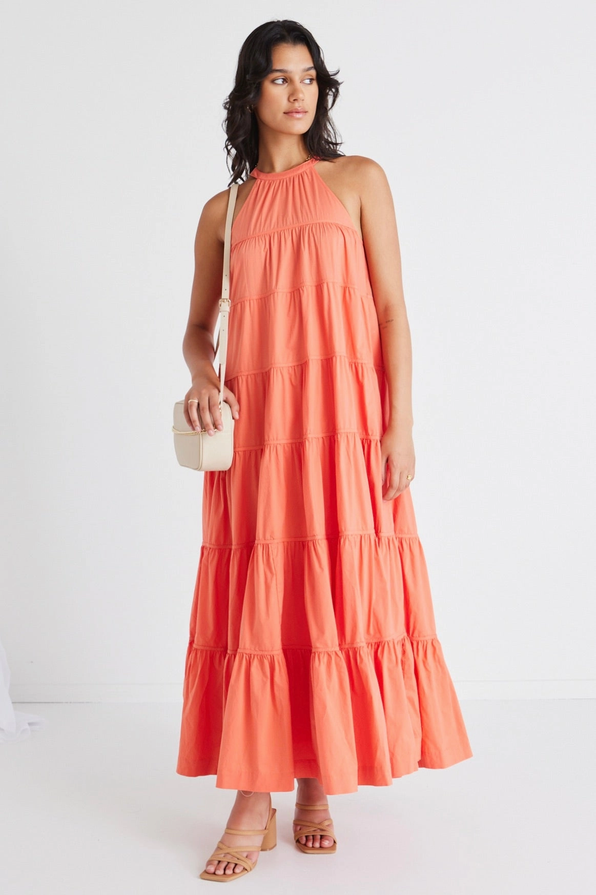 Kaye Watermelon Sleeveless High Neck Tiered Maxi Dress Stylish day dress