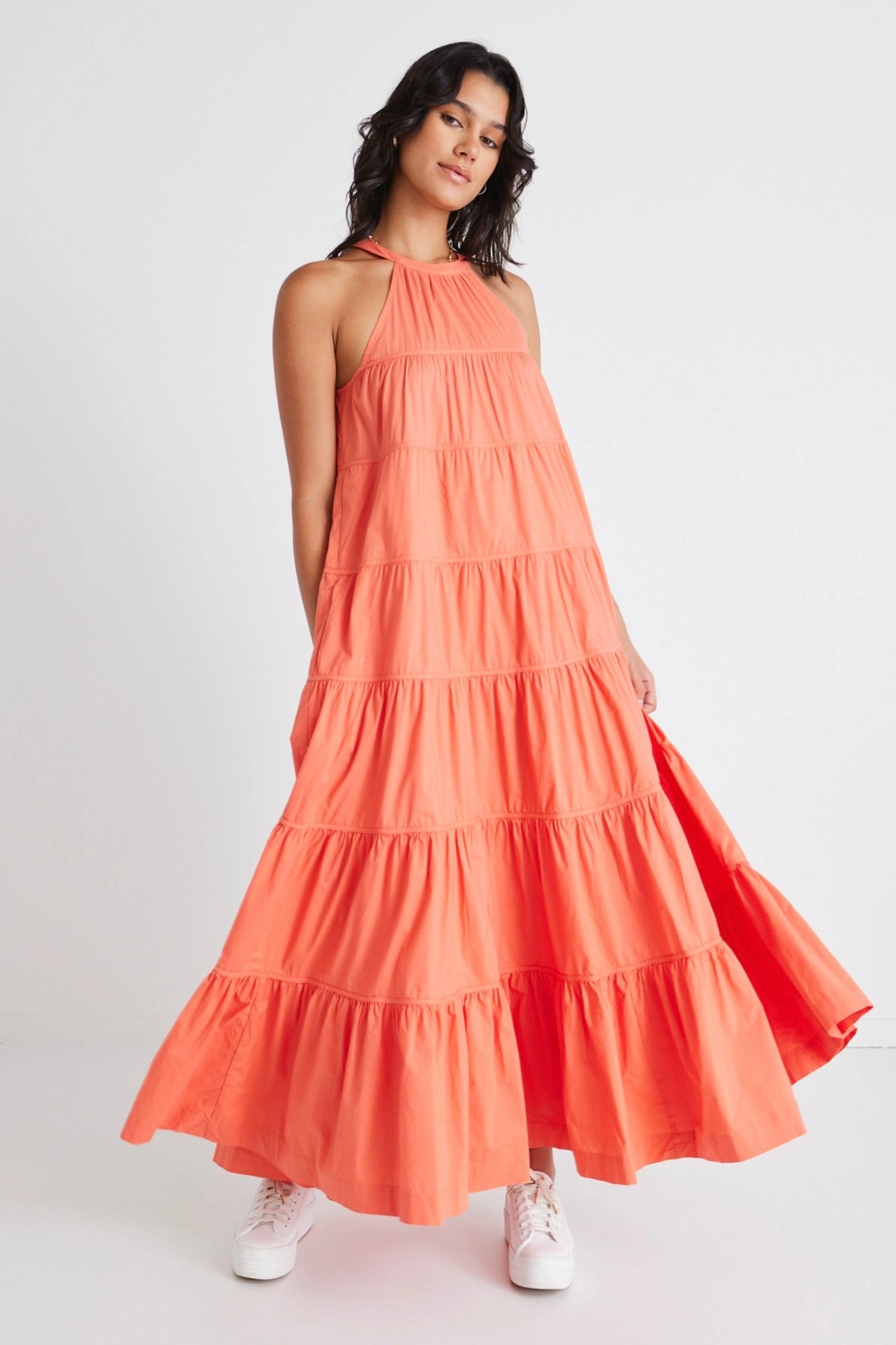 Kaye Watermelon Sleeveless High Neck Tiered Maxi Dress Light Coral Perfect Layer