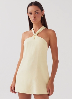 Mesh-Sleeve Keira Linen Mini Dress - Lemon