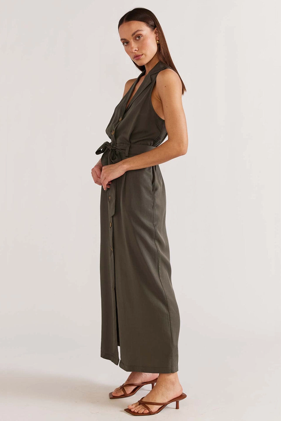 Flattering Silhouette Wear Soft Colorway Kendi Khaki Cargo Midi Dress