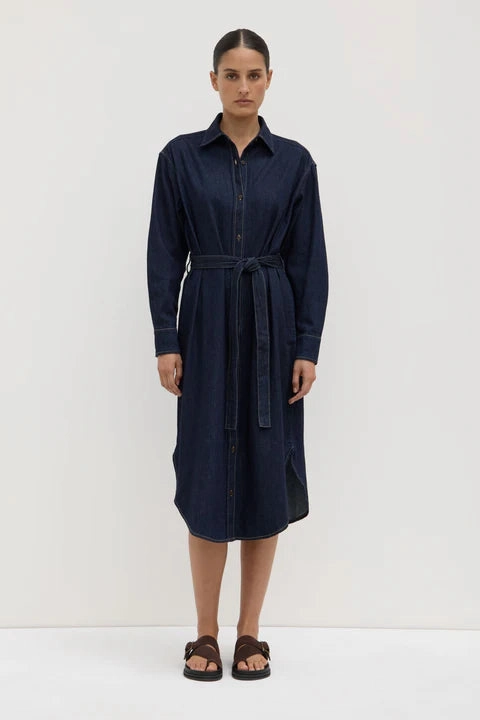 Kiera Deep Indigo Recycled Denim LS Midi Shirt Dress Oversized Collar ThermalRegulating
