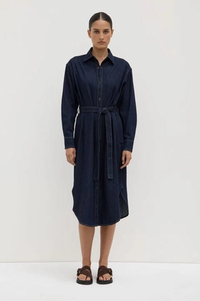 Kiera Deep Indigo Recycled Denim LS Midi Shirt Dress Oversized Collar ThermalRegulating