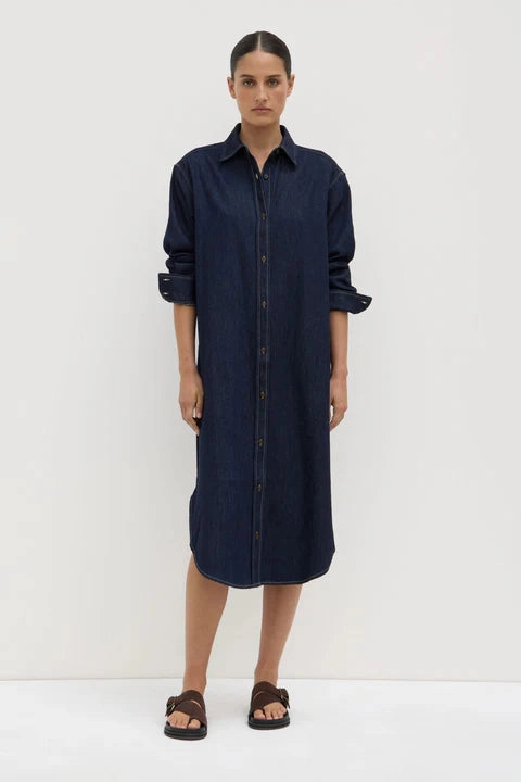 RaglanSleeve Kiera Deep Indigo Recycled Denim LS Midi Shirt Dress