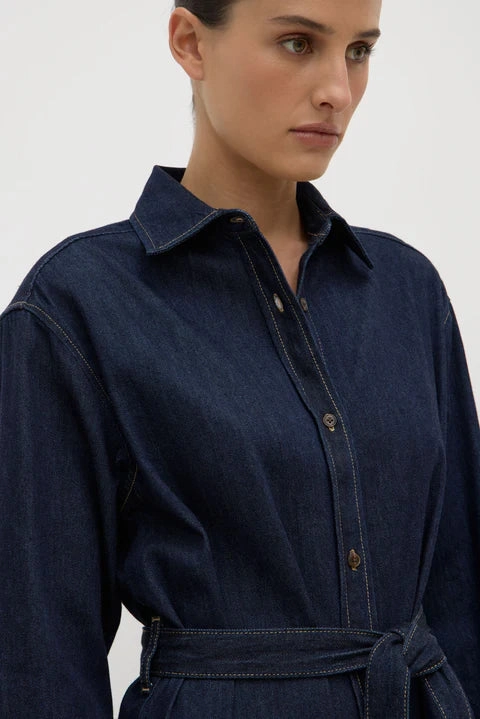 Rolled Hem Finish Kiera Deep Indigo Recycled Denim LS Midi Shirt Dress