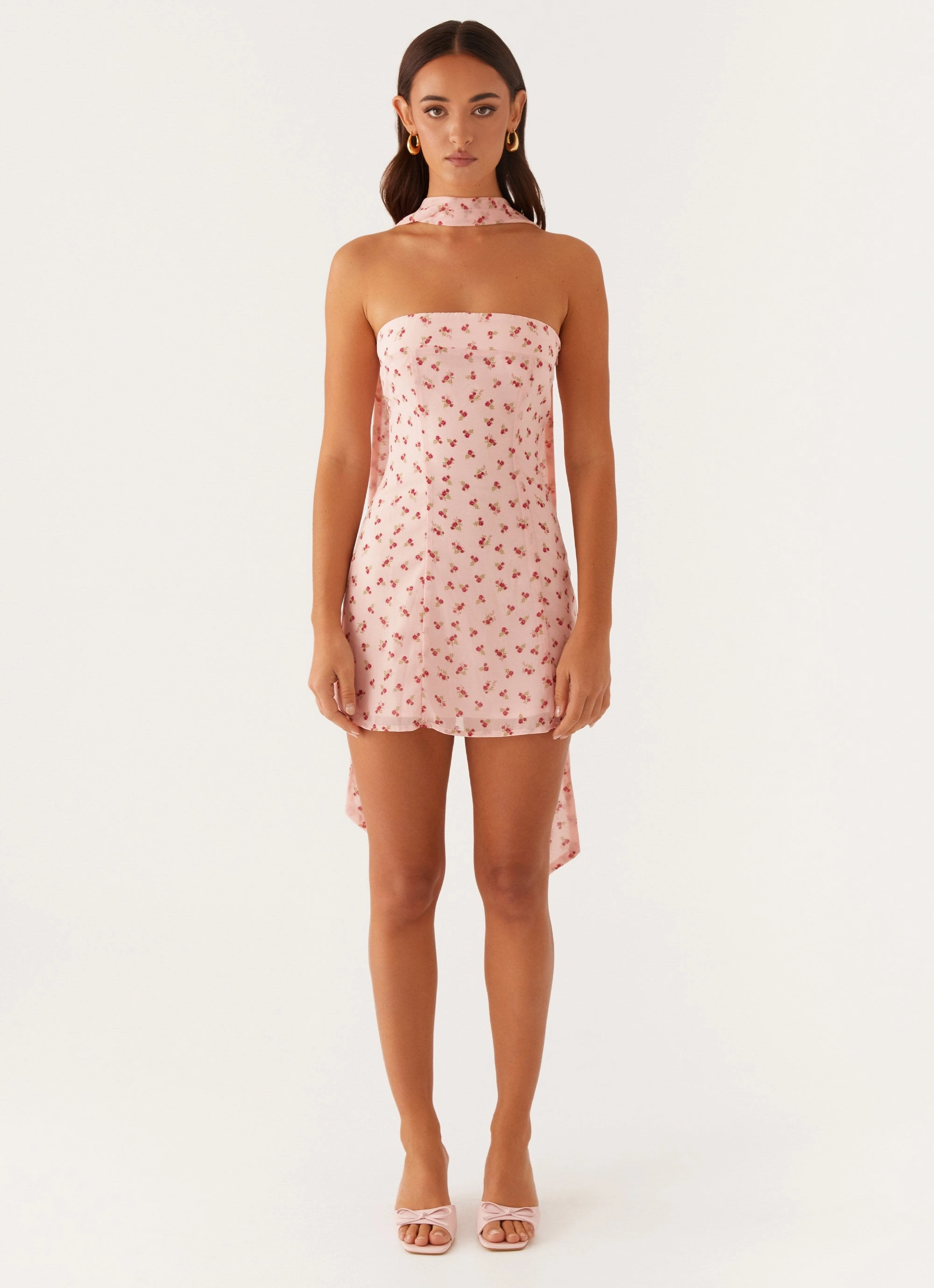 Kiesha Strapless Scarf Mini Dress - Pink Flower Chic and Flattering