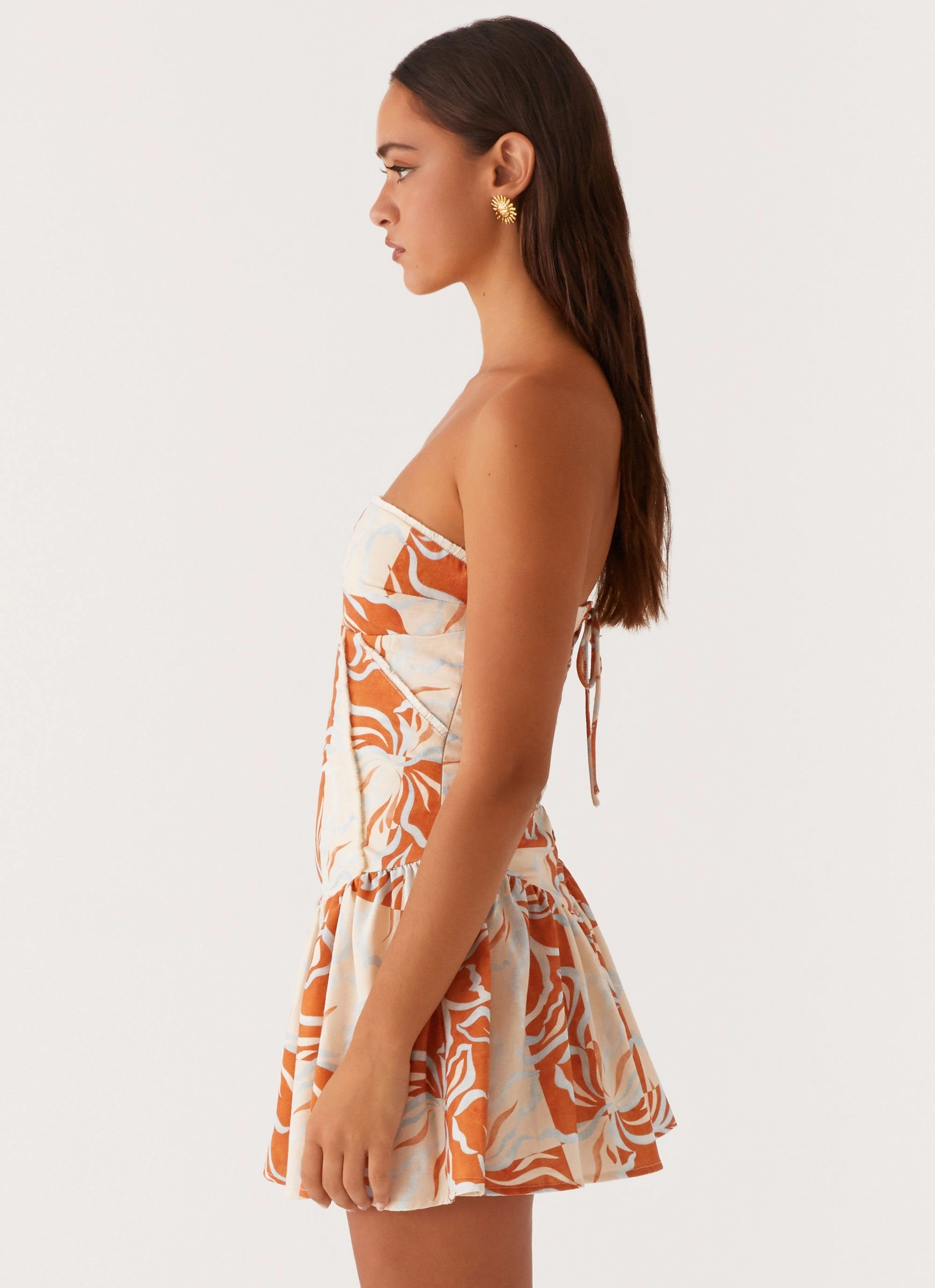 Sophisticated Layers Drawstring-Closure Larnie Linen Mini Dress - Orange Blue Floral