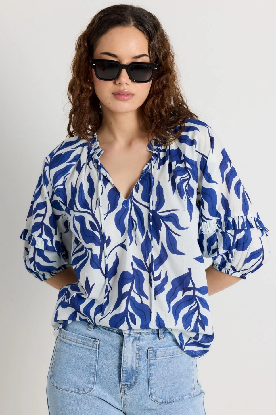 Luminary Blue Porcelain Print V Neck Short Sleeve Top Biodegradable material DurableReinforcement